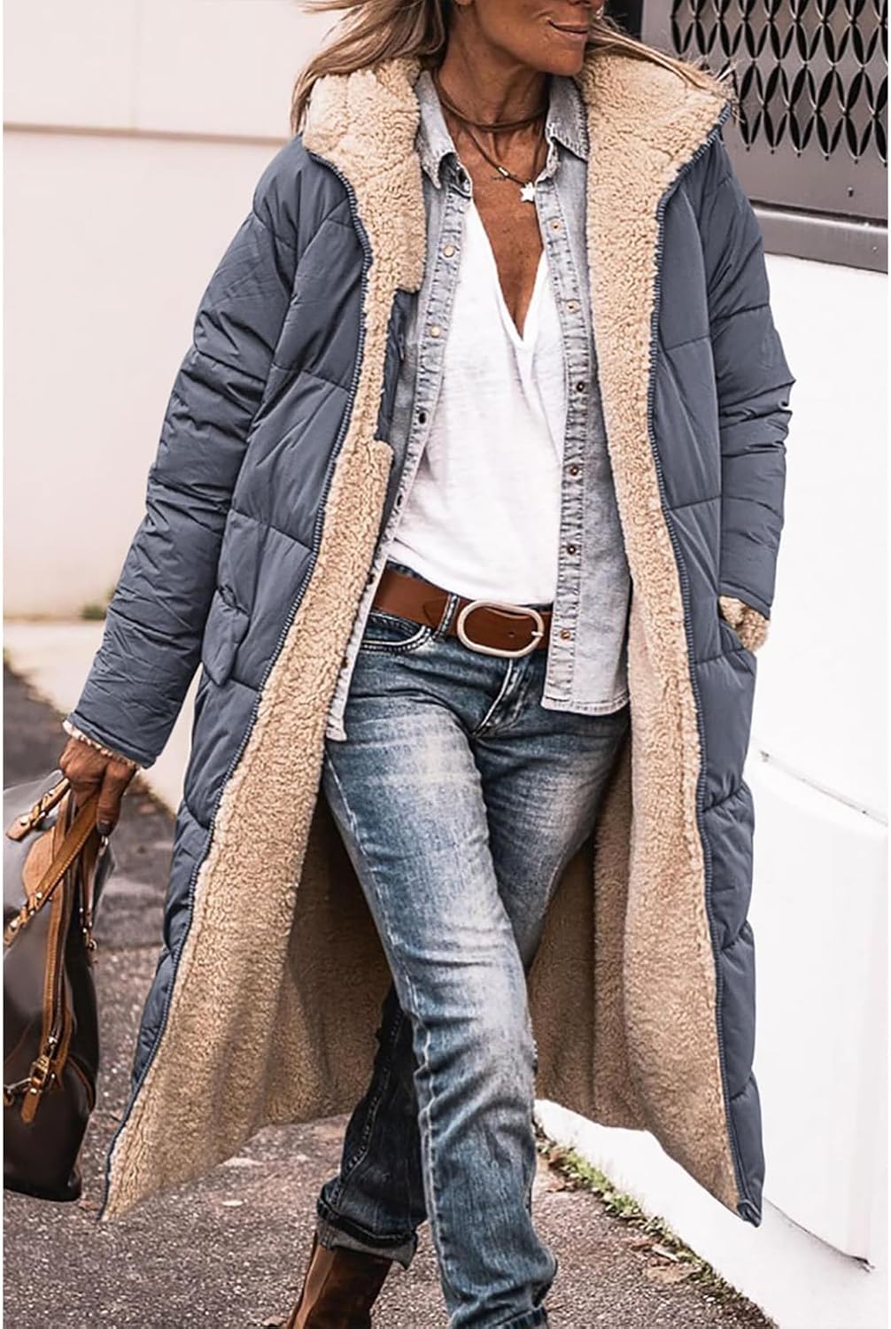 Womens Long Puffer Jacket Oversized Sherpa Lined Puffy Coats Winter Reversible Padded Down Jackets Zip Up Outerwear