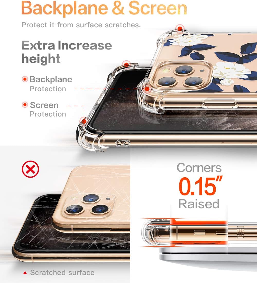 GVIEWIN Compatible with iPhone 11 Pro Case,Clear Flower Design Soft & Flexible TPU Ultra-Thin Shockproof Transparent Bumper Protective Cover,Case for iPhone 11 Pro 5.8" 2019 (White Flowers/Dark Blue)