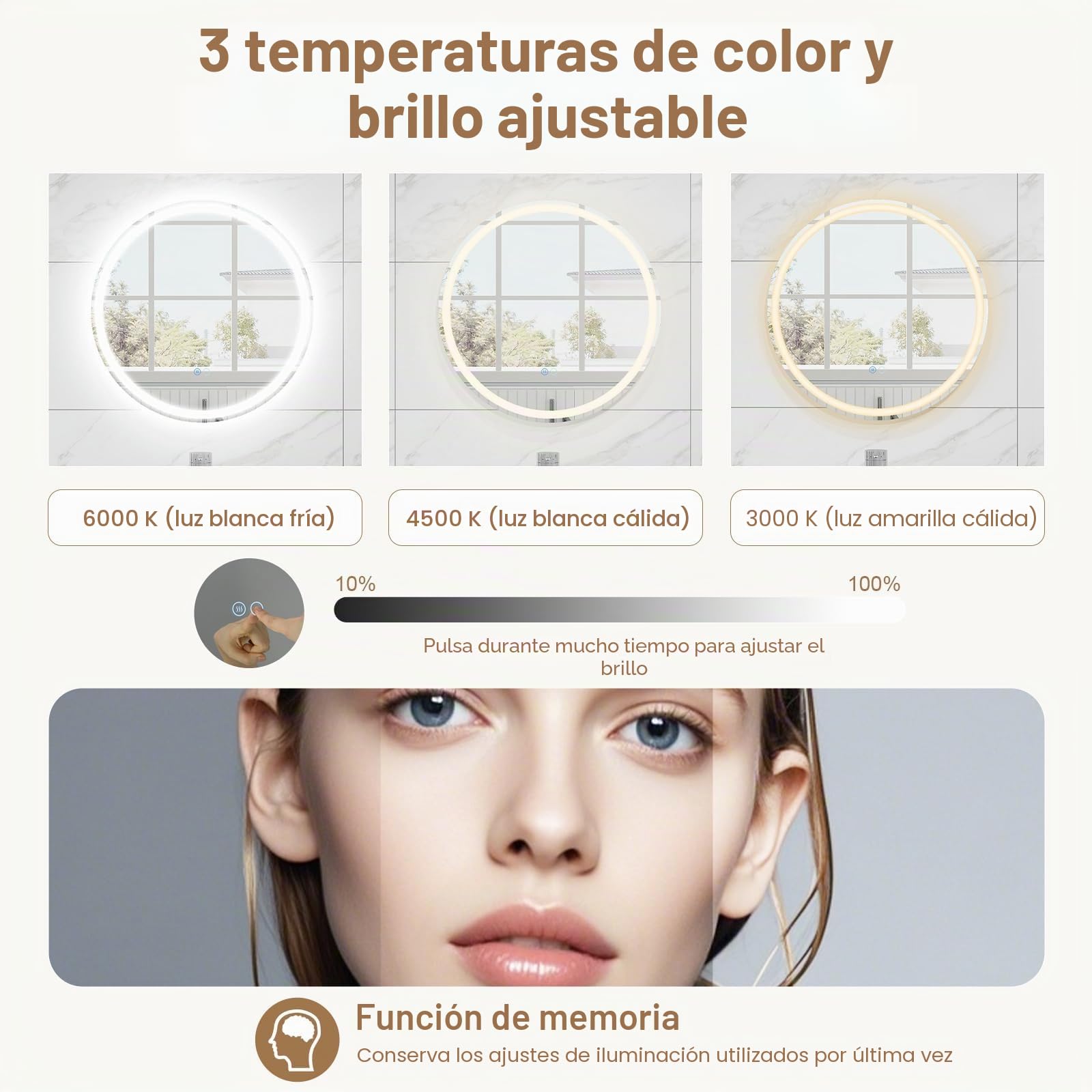 FANTASK Espejo de baño LED con iluminación, 60 cm, Redondo, antivaho, Espejo de Pared Regulable con Interruptor táctil y función de Memoria, Espejo Colgante LED para baño, 60 x 60 cm, Plateado