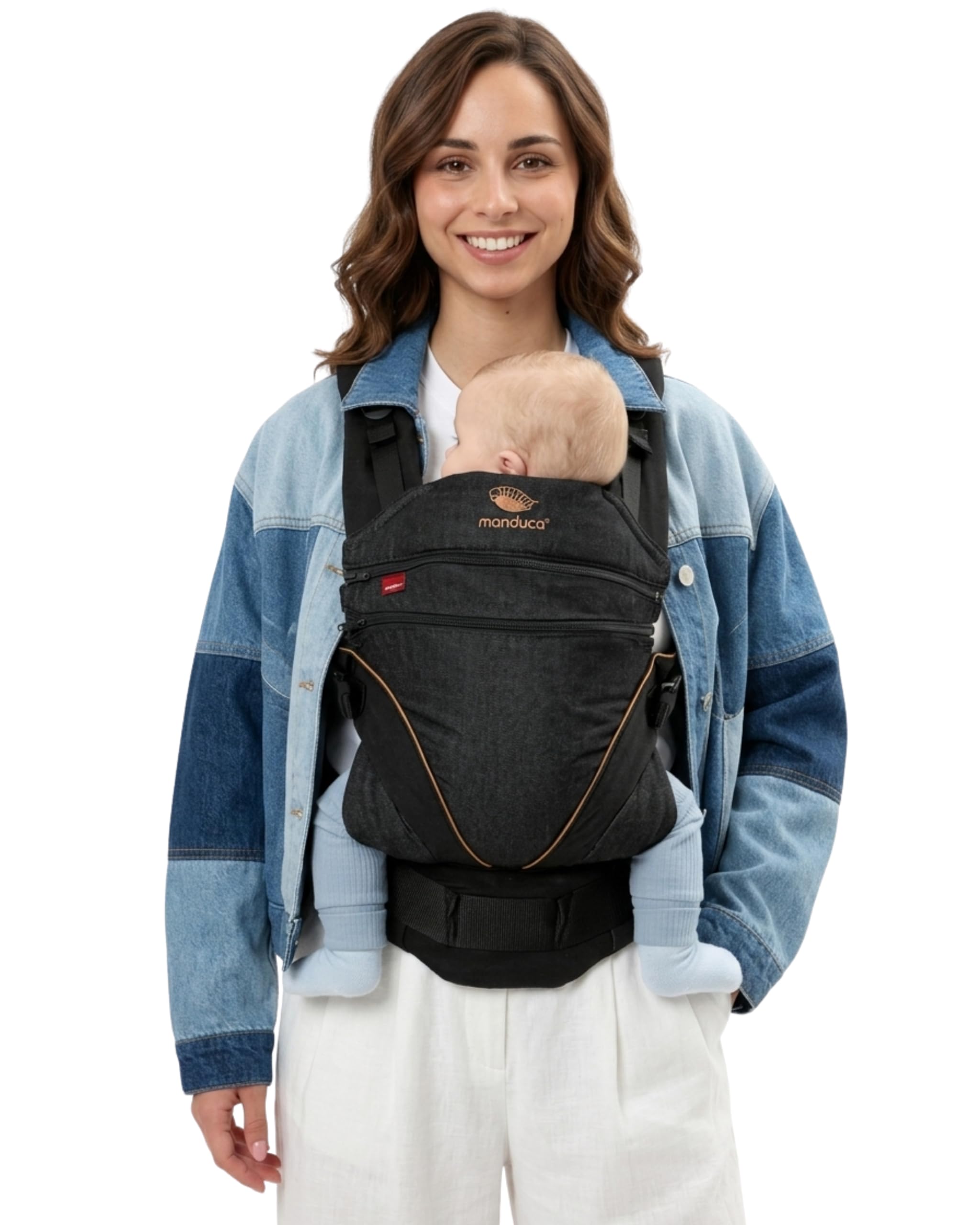 Manduca Xt Marsupio Bambino, Uno per Tutti, Marsupio Ergonomico e Flessibile Con Seduta Regolabile per Neonati e Bambini Fino a 20kg, XT Cotton Edition, Cotone Biologico Denim Nero + Caramello