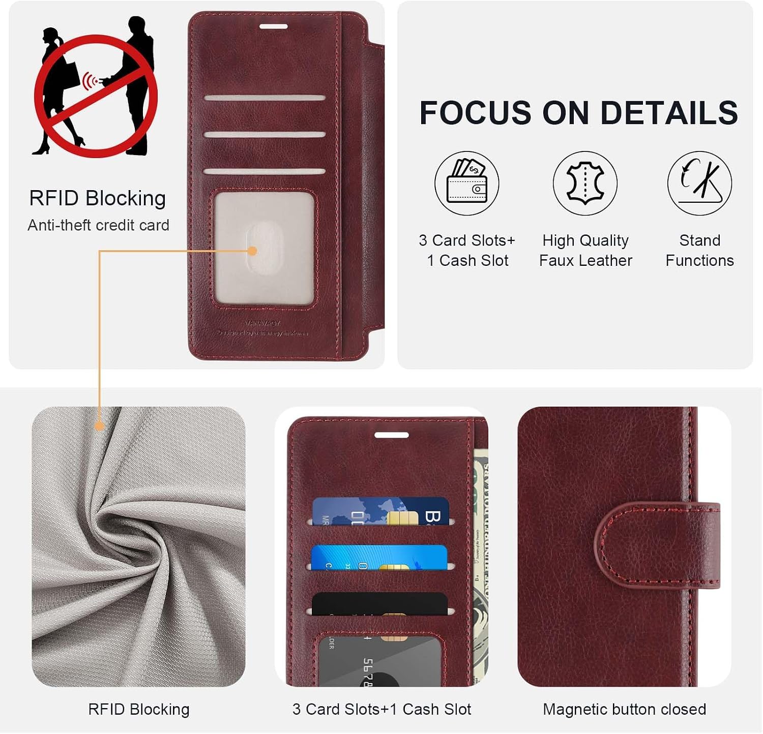 VANAVAGY Compatible for Galaxy S22 Wallet Case for Women Men, PU Leather Flip Cover with Wrist Strap for Wireless Charging with RFID Blocking Card Holder Screen Protector,Burgundy