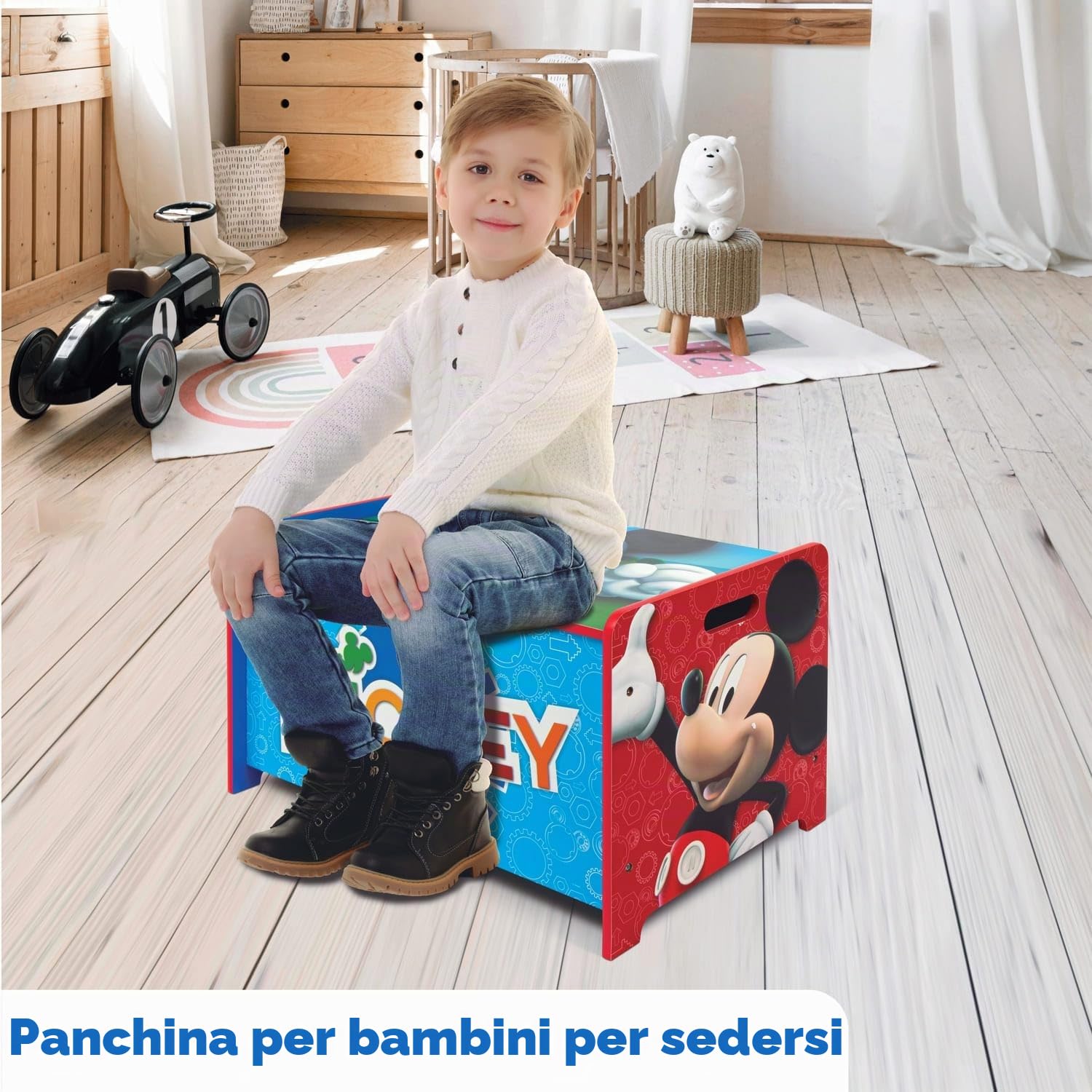 ARDITEX - Cassapanca in legno di Topolino (di Disney) – 62,5x40x37cm – Colore rosso e blu – Ideale per riporre giocattoli, vestiti o oggetti in una cameretta per bambini