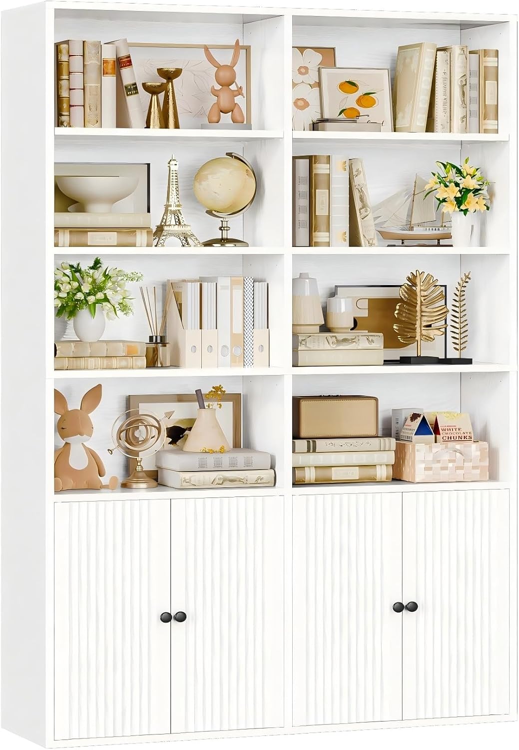 IRONCK Bookcase with Doors, 180cm Tall Bookshelf, 6 Tier Living Room Bookcases, 8 Open Compartments, Free Standing Display Shelf, Wooden Shelving Storage Unit for Home Office 108×30×180cm (White)