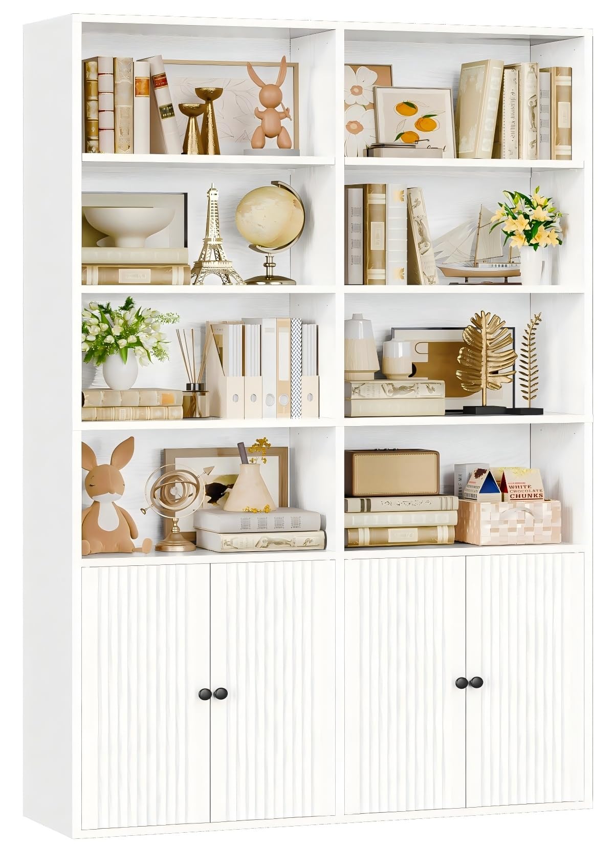 IRONCK Bücherregal mit Türen, Regal Holz mit 6 Ebenen 12 Fächern, Bücherschrank Hochschrank Vitrinenschrank, Einstellbare Regalböden, Standregal für Wohnzimmer Büro Schlafzimmer 108×30×180cm (Weiß)