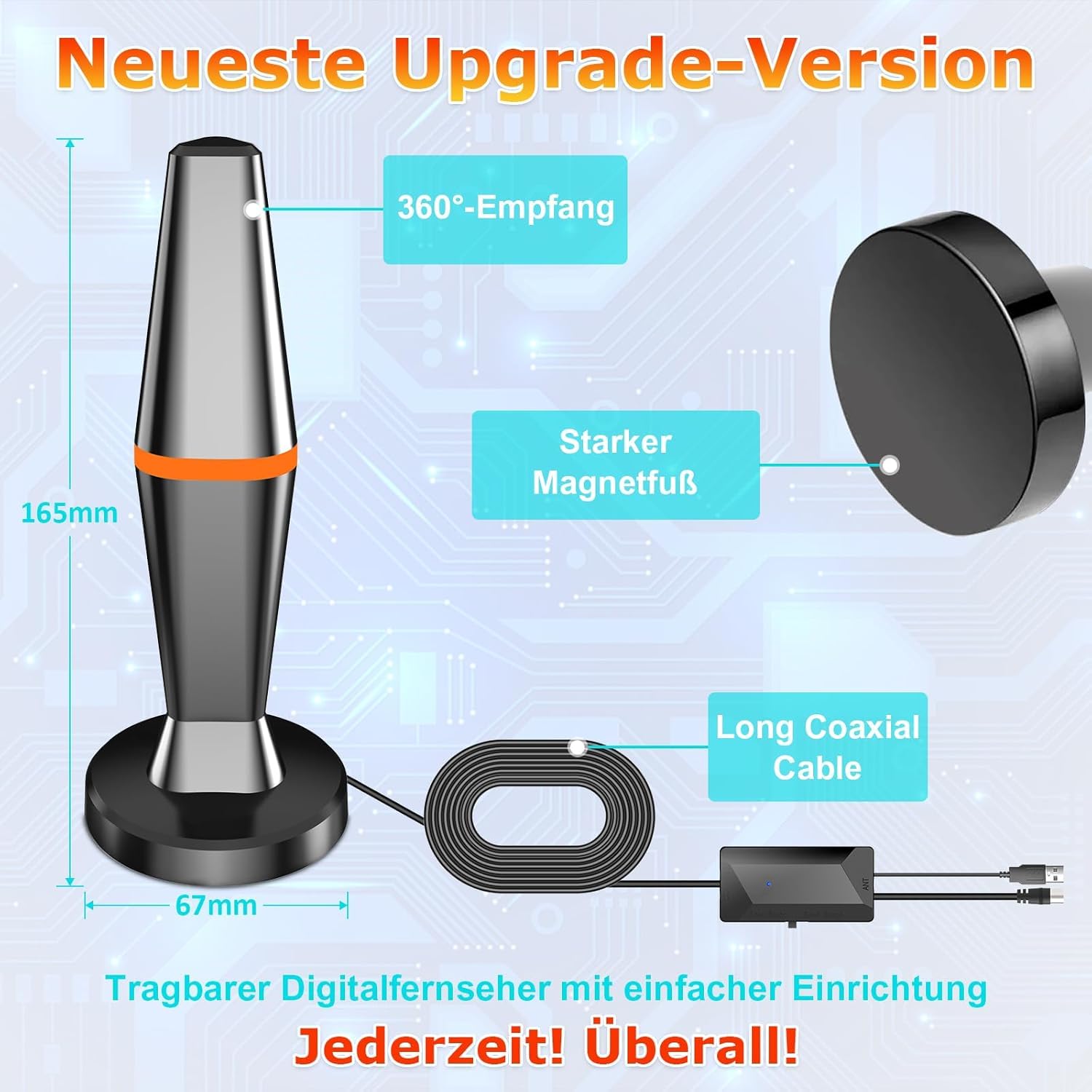 Antenne DVBT2 - Antenne d'intérieur DVB-T et DVB-T2 avec amplificateur, grande portée et réception à 360° - Antenne d'intérieur pour téléviseur avec base magnétique puissante - Convient pour 4K 1080p