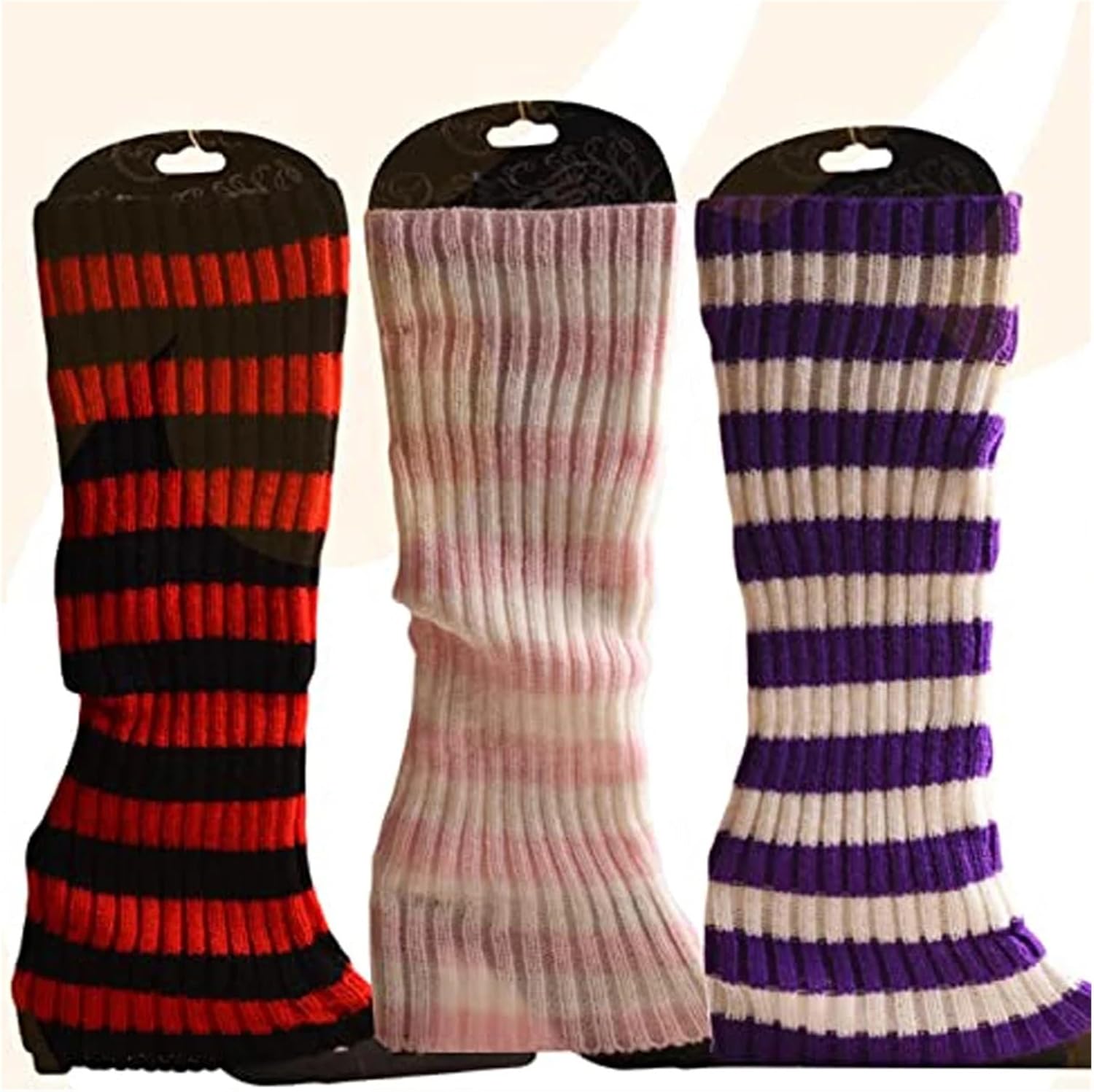 3 Pcs Women's Autumn Long Knitted Foot Cover Leg Breathable Warmers Winter Protector Stocking Legging Ladies Striped Warmersocks(Color 3)