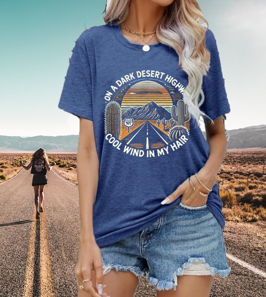 Road Trip Graphic Tees for Women Desert Cactus Highway Vintage Tees - Image 2