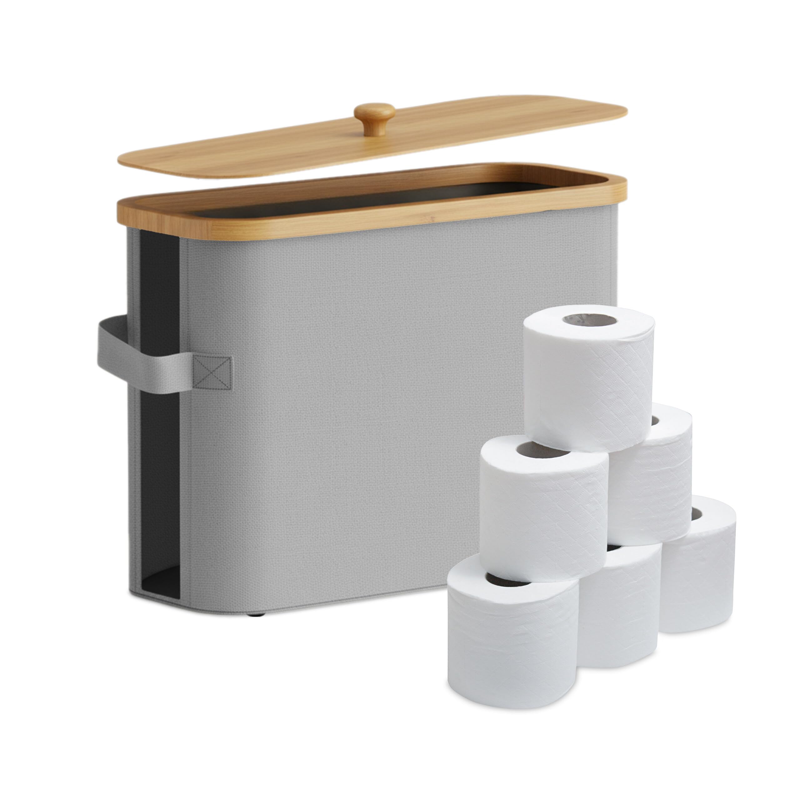 Portarotoli Relaxdays, 12 Rotoli, HxLxP: 33 x 45 x 16 cm, Tessuto, bambù, portacarta igienica, riserva, Grigio