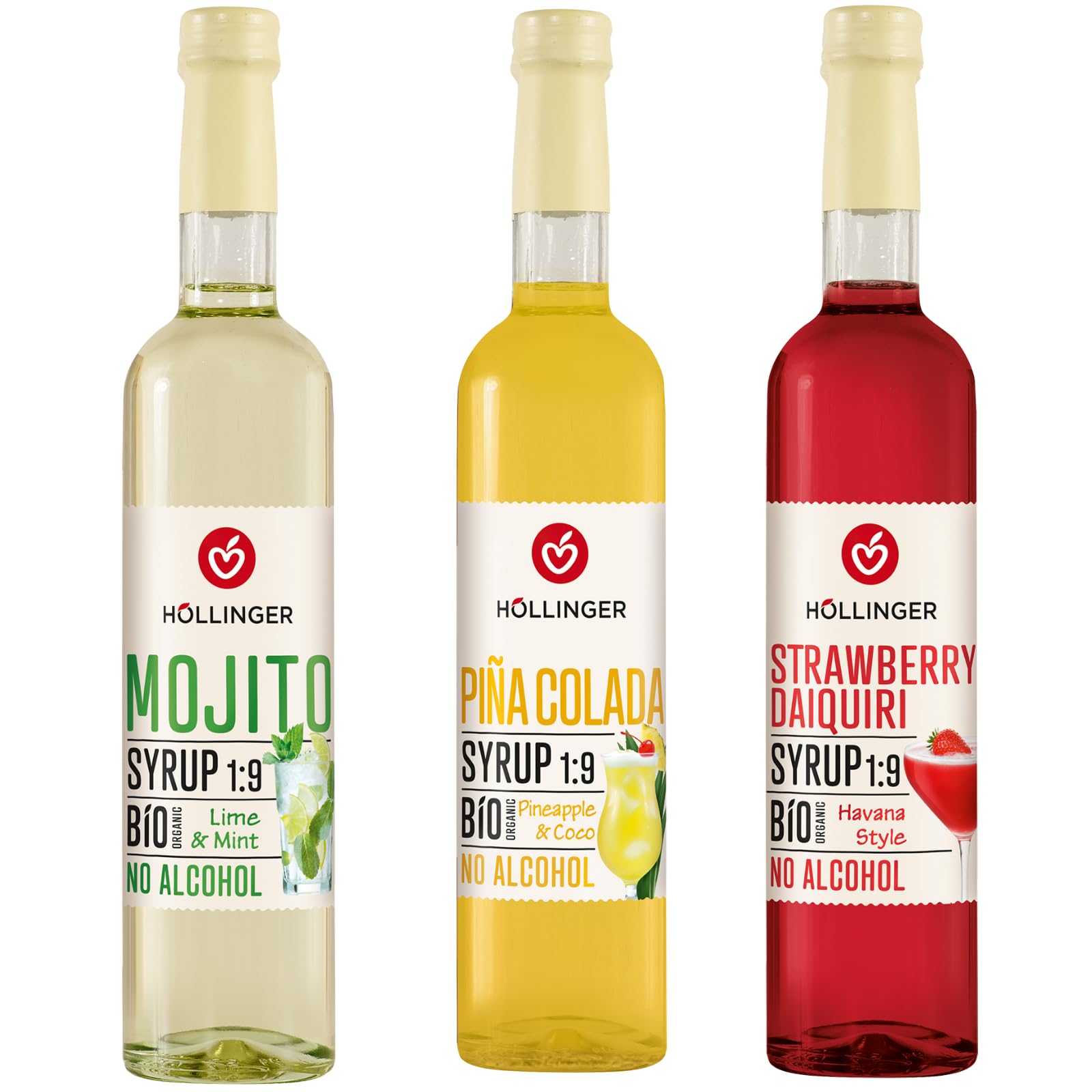 HÖLLINGER Bio Cocktail Sirup Set, Alkoholfrei, Mojito Lime & Mint, Piña Colada, Strawberry Daiquiri, 3x500ml, Vegan, 1:9 Konzentrat