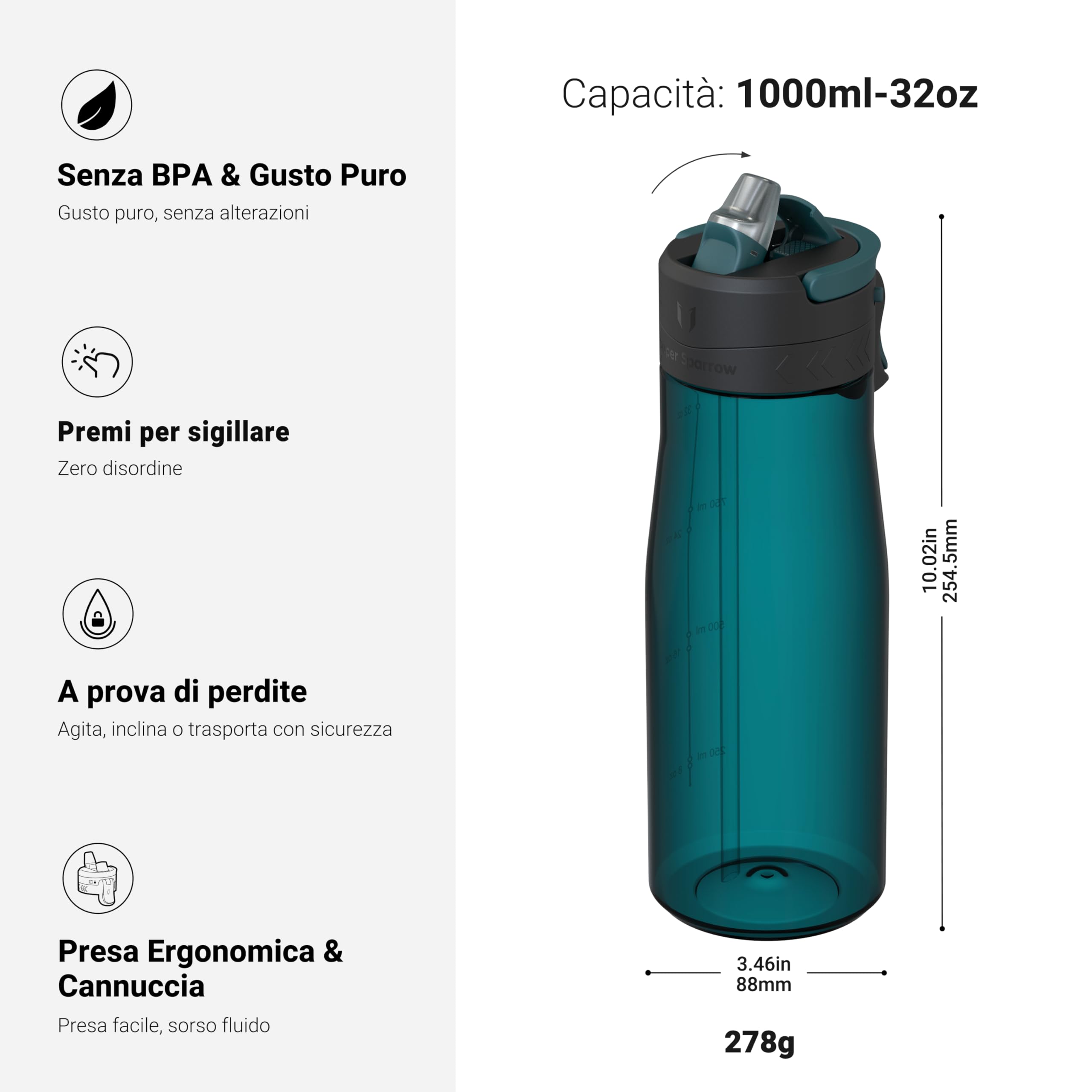 Sparrow Borraccia - 500ml, 750ml, 1L - TouchFlow Bottiglia Senza BPA - Senza Perdite Borraccia Cannuccia - Borracce Sportiva Flusso Rapido Con Un Clic per Scuola, All'aperto