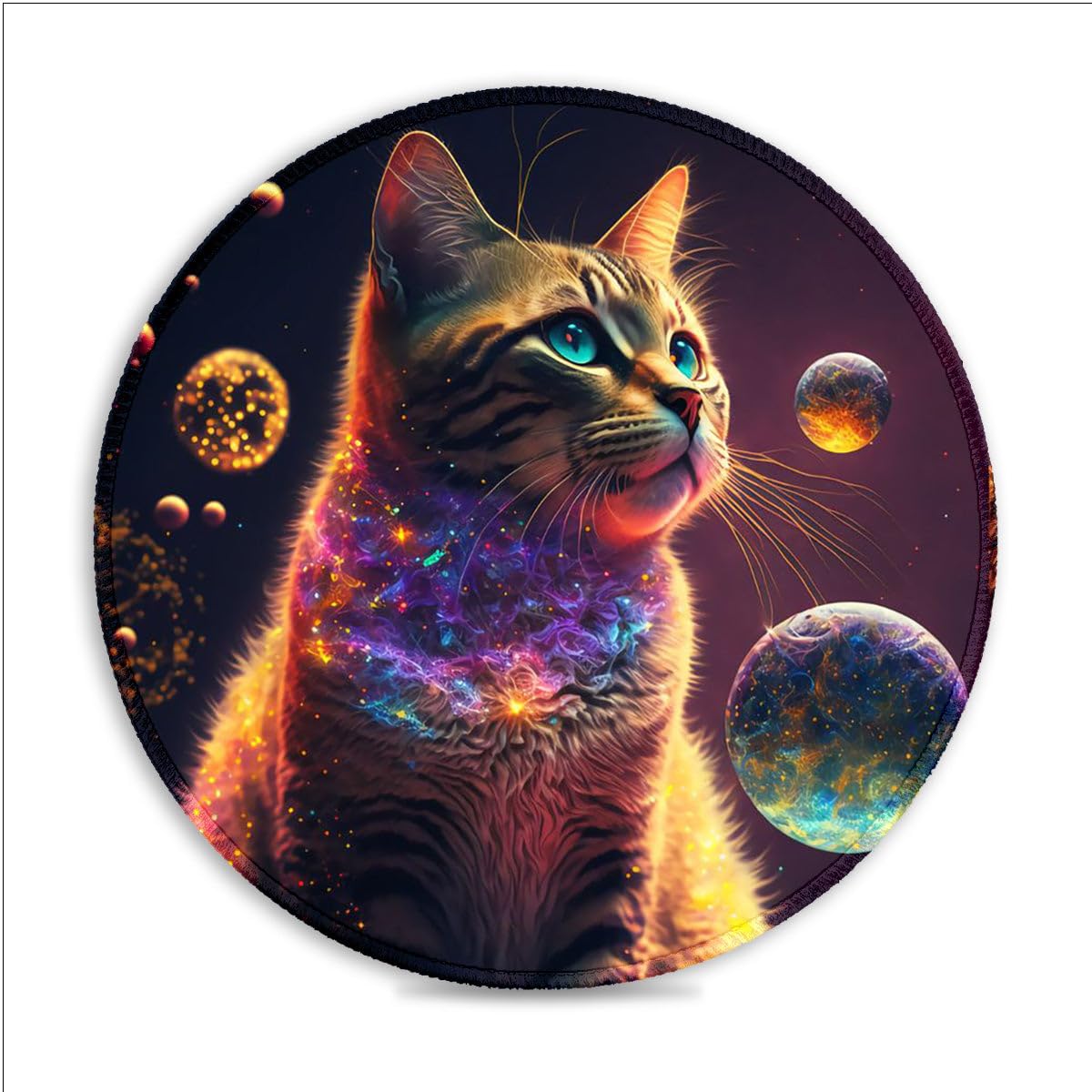 LJSPTU Alfombrilla de ratón redonda de 30 x 30 cm con diseño de gato espacial con costuras antideshilachado y base de goma para control de precisión para diseñadores