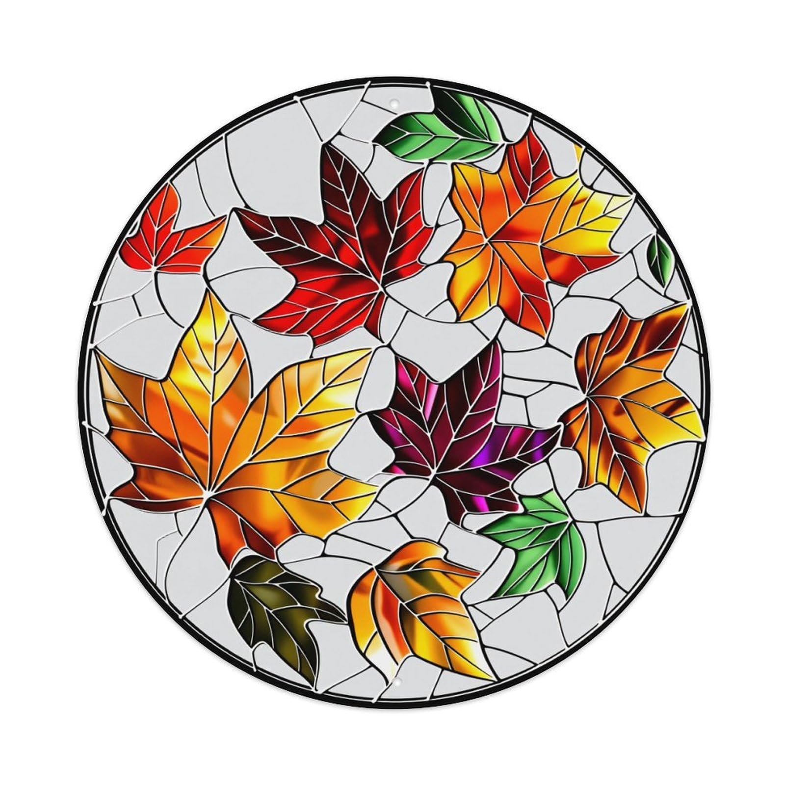 Autumn Leaves Stained Glass Pattern Round Tin Sign Vintage Metal Poster Retro Bar, Home, Man Cave, Kitchen, Laundry Room Wall Art Decor Gift 8x8Inch