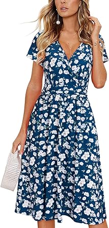 Newshows Womens Summer Short Sleeve Casual Dresses V Neck Floral Vacation Sundress Faux Wrap Midi Dress with Pockets