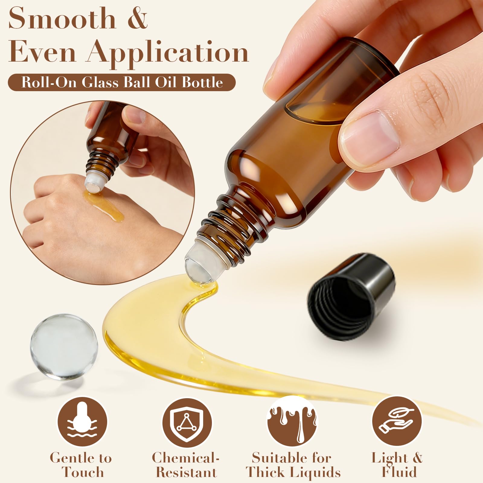 6 bottiglie di vetro rollon da 30 ml per olio essenziale, rollon bottiglia vuota, con sfera in vetro, ricaricabili in Rollon marrone con 6 accessori per profumo, massaggio, aromaterapia