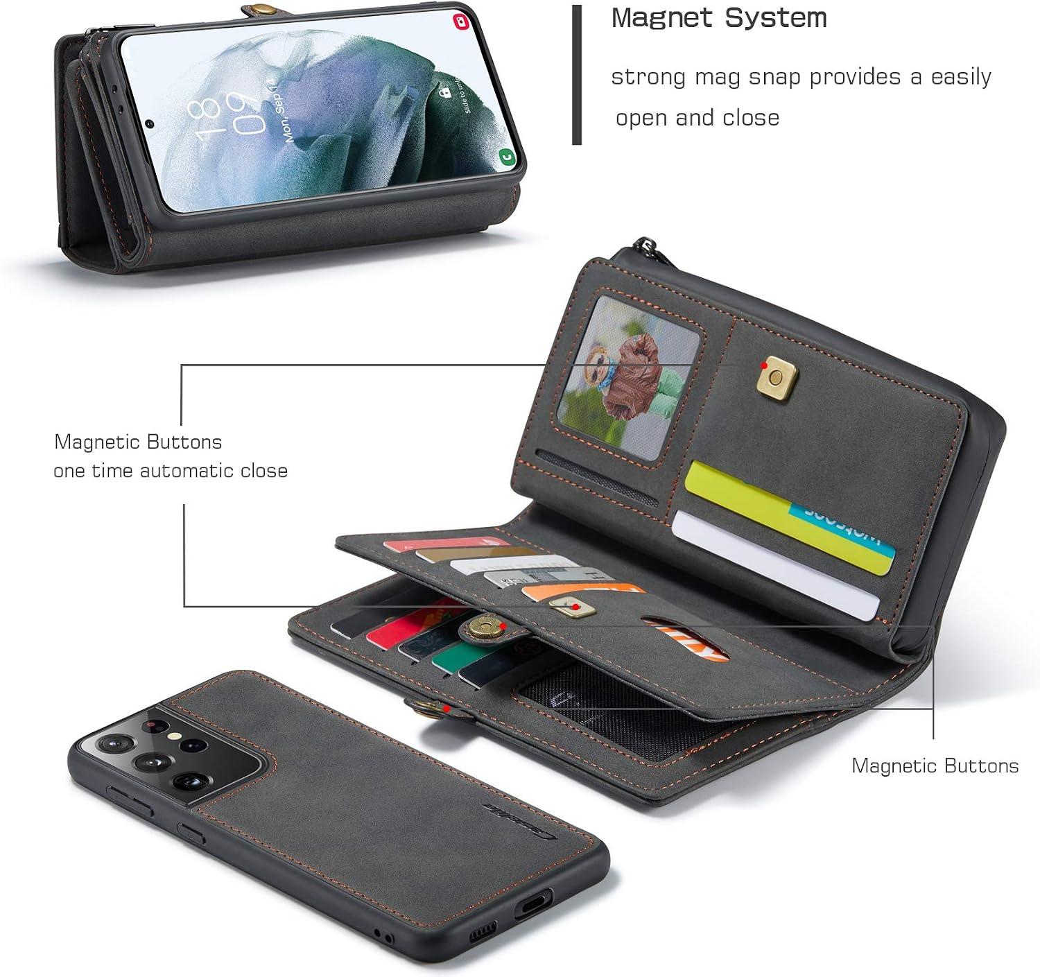 HAII for Galaxy S21 Ultra Wallet Case,Multi-Functional Leather Purse Flip Cover Zipper Wallet Case with Card Slots & Detachable Magnetic Phone Case for Samsung Galaxy S21 Ultra 5G 6.8 inch (Black)