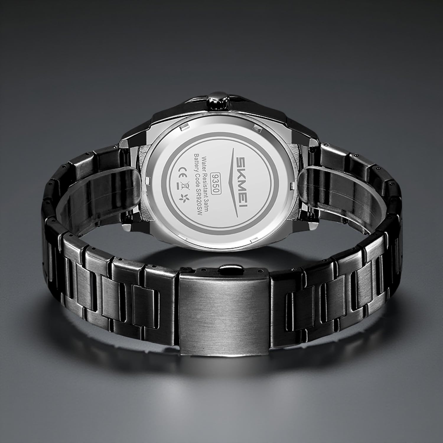 Rear view of the SKMEI 9350 watch, showing the stainless steel case back with model number 9350 and water resistance rating.