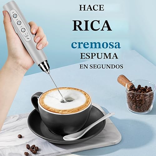 Miniatura 5 de Espumador de leche de mano para café, batidor eléctrico de 3 velocidades ajustables, mezclador de bebidas con 3 batidores de acero inoxidable,