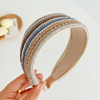 Headbands,Hair Elastic Bands,European and American fashion new hair hoop simple braided chain wide-brimmed ethnic wind headwear knotted female hair bundle F, beige webbing chain wide-brimmed headband