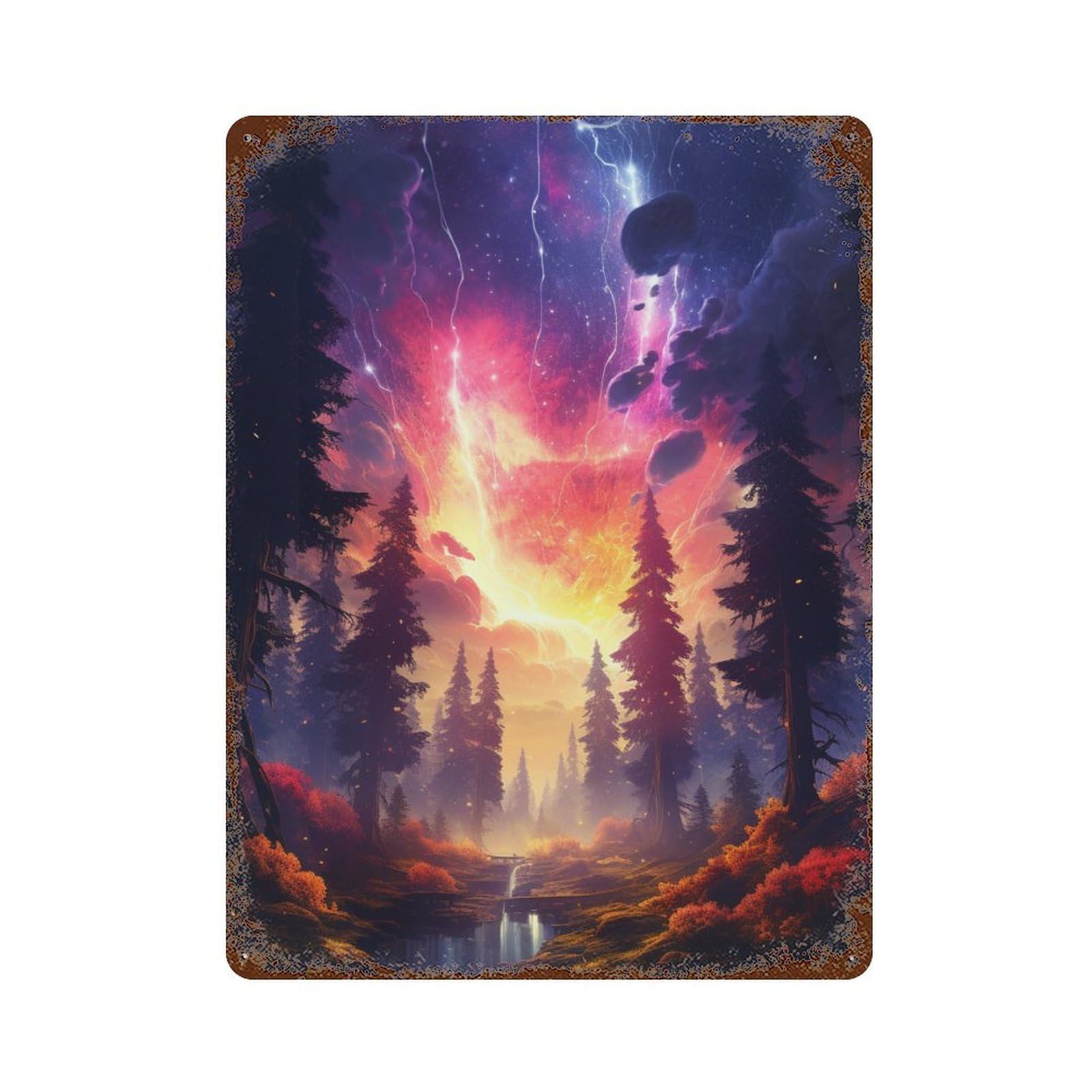 Enchanted Forest Aurora Weathered Tin Sign 15.7"x11.8", Retro Wall Decor for Pub, Kitchen And Man Cave Decor