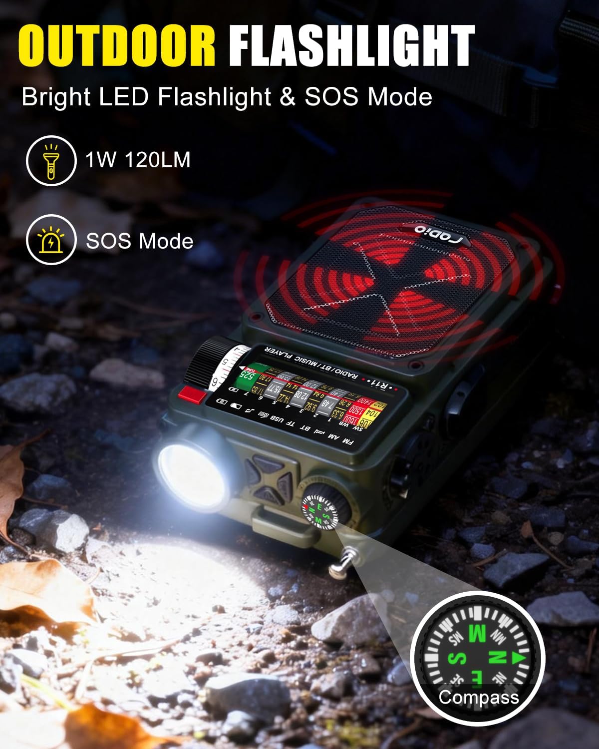 R11 Emergency Crank Radio - 4000mAh/14800mWh NOAA/SW/AM/FM, Solar/Hand Crank/USB Charging, Bluetooth Receiver/USB/TF Playback,with Compass,Flashlight,SOS for Camping & Emergencies - Green - Image 4