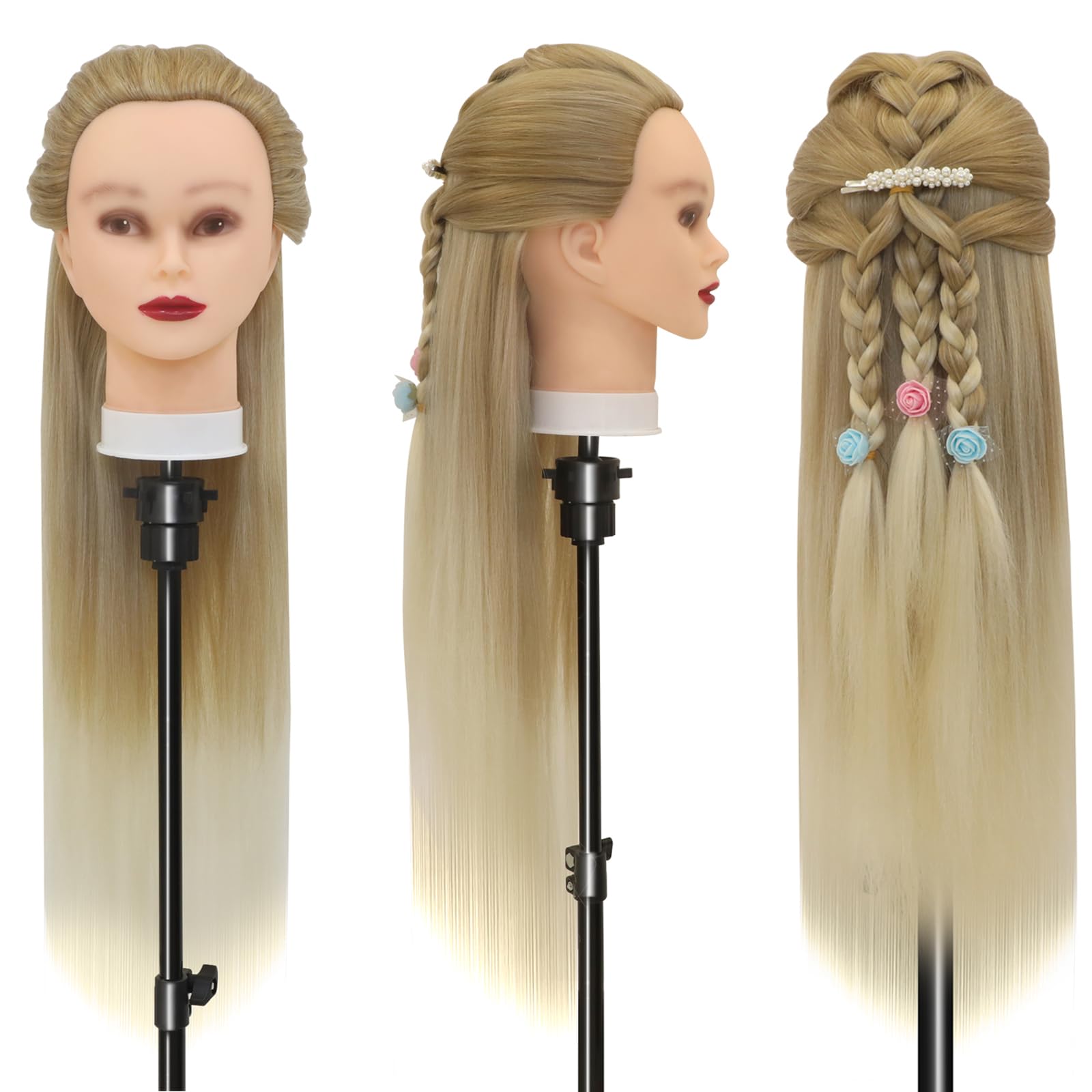 Cabeza Peluqueria, 28inch Cabeza maniquí Cabezal de peluquería de Fibra 100% sintética con Soporte + Accesorios de Peinado DIY (27-613)