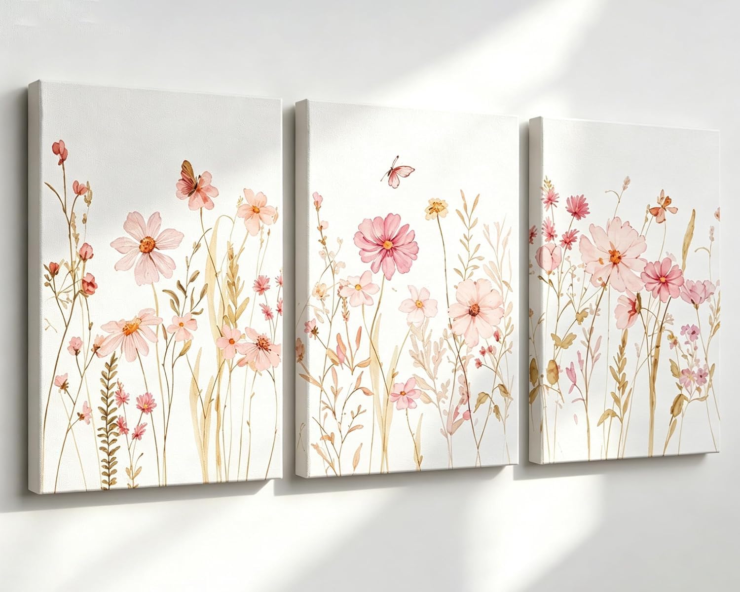 lianyibo Set of 3 Pink Wildflower Floral Canvas Wall Art Watercolor Flower Pictures Prints for Nursery Girls Bedroom Decor(60x90cmx3/Frameless)