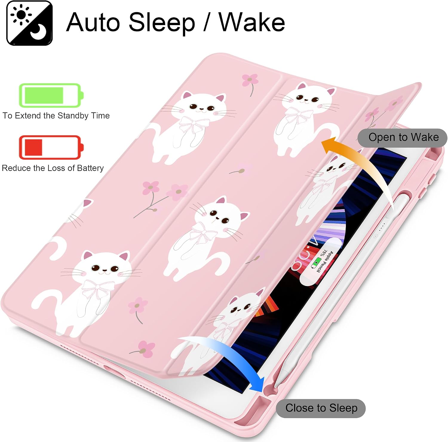 Tuiklol for iPad 10.2 case 2021 Gen 9th Release Built in Pencil Holder - Trifold Stand-Auto Wake/Sleep TPU Protection Stand Clear Back Cover for 2020 2019 [8th/7th] iPad 10.2 Case, Cat-Pink