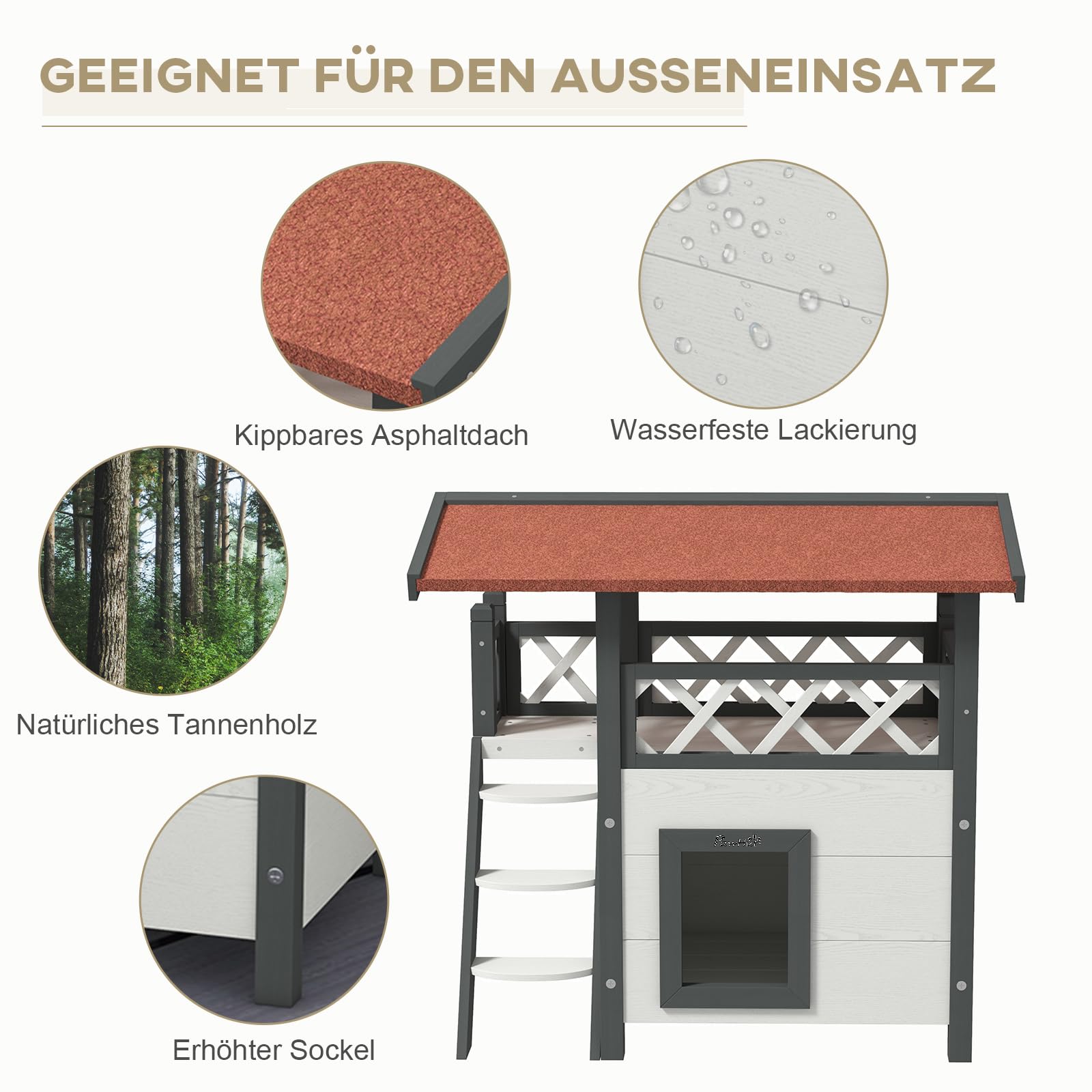 PawHut Katzenhaus aus Holz Winterfest wasserdicht Katzenhütte mit Asphaltdach Terrasse Treppe Katzenhöhle Katzenkiste Outdoor Schutzhütte für Draußen Garten Balkon 77 x 50 x 73 cm, Weiß