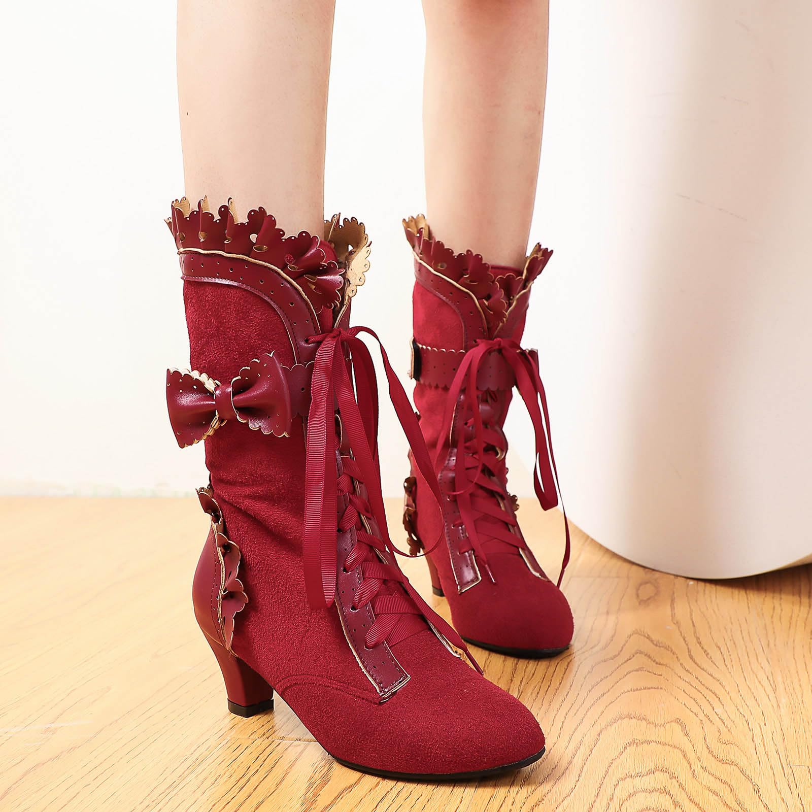 Botas de tacón medio para mujer Elegantes botas con cordones con lazo Punta redonda Botas de vaquero occidentales cómodas Botas de invierno Botas largas para mujer