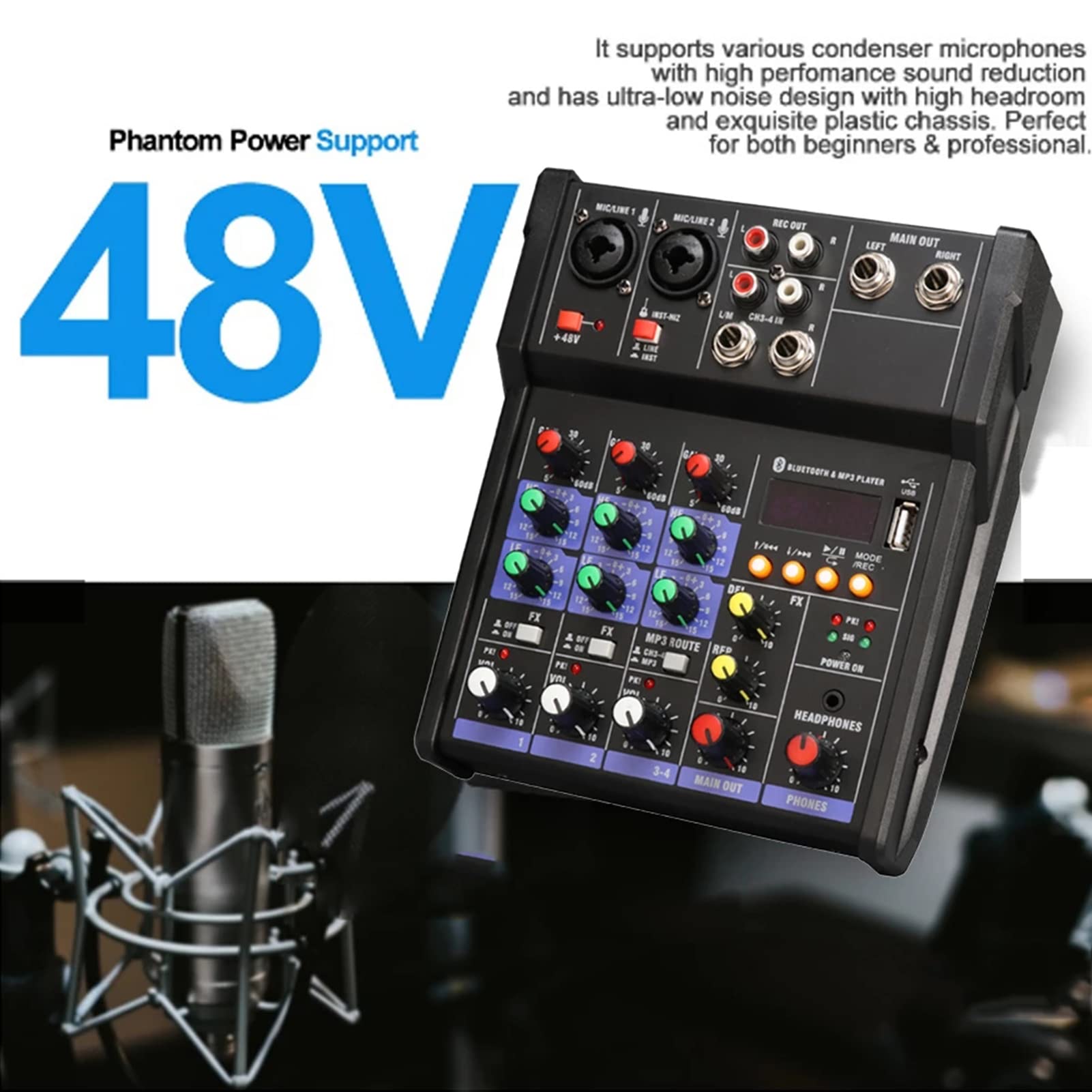 Mikser DJ 4-kanałowy mikser audio z bezprzewodowym miksowaniem dźwięku mikrofonu z Bluetooth USB Mini mikser Dj do nagrywania i gier w studio imprezowym