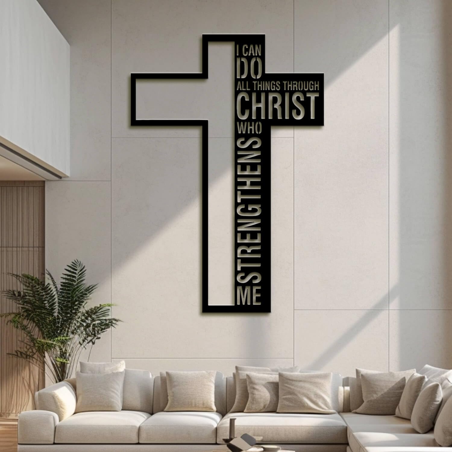 Nowoczesna minimalistyczna sztuka metalowa dekoracja ścienna Mogę zrobić wszystko przez znak Chrystusa Jezus Filipian Krzyż 4:13 Inspirujące (Złota 33" x 47" / 83 120 cm)
