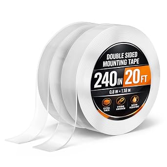 2Pcs Clear Double Sided Mounting Tape 2-Size Double Face Tape Heavy Duty 240"1.18" & 0.8" 20 Ft Home, Office, Decor & Diy Projects, No Tools Needed, Works on Wall, Tile, Glass, Metal, Plastic