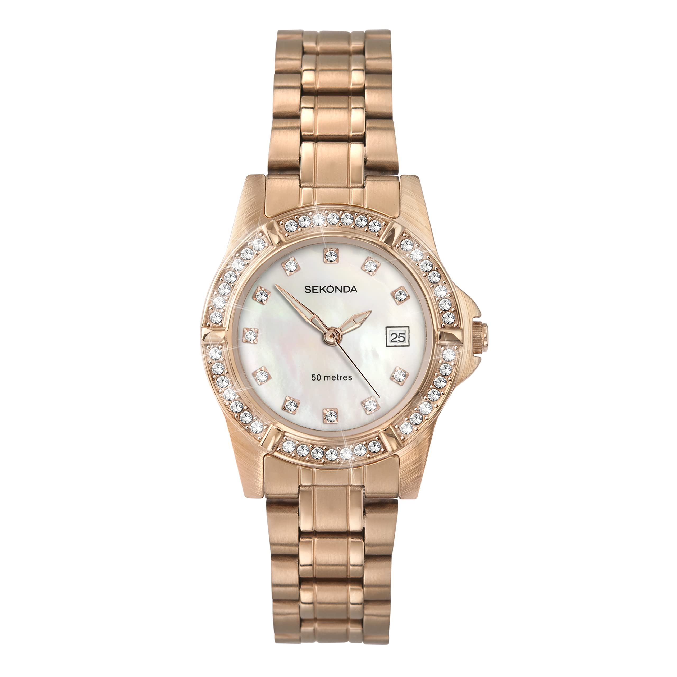 Sekonda Sienna Ladies 28mm Stone Set Bezel Dress Watch 50m Water Resistant with Date Window Rose Gold/White