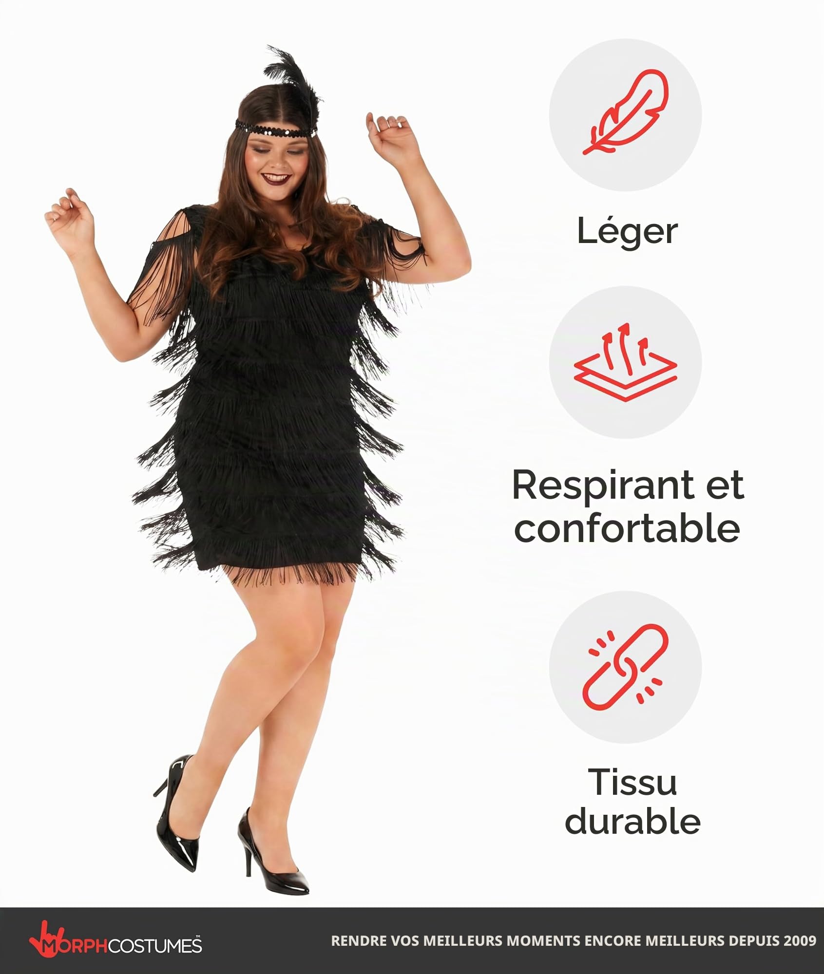 Morph Deguisement Charleston Femme, Costume Annees Folles Halloween | Robe Noire à Franges & Bandeau, Style Années Folles, À Enfiler, Parfait pour Halloween, Idéal pour se Déguiser