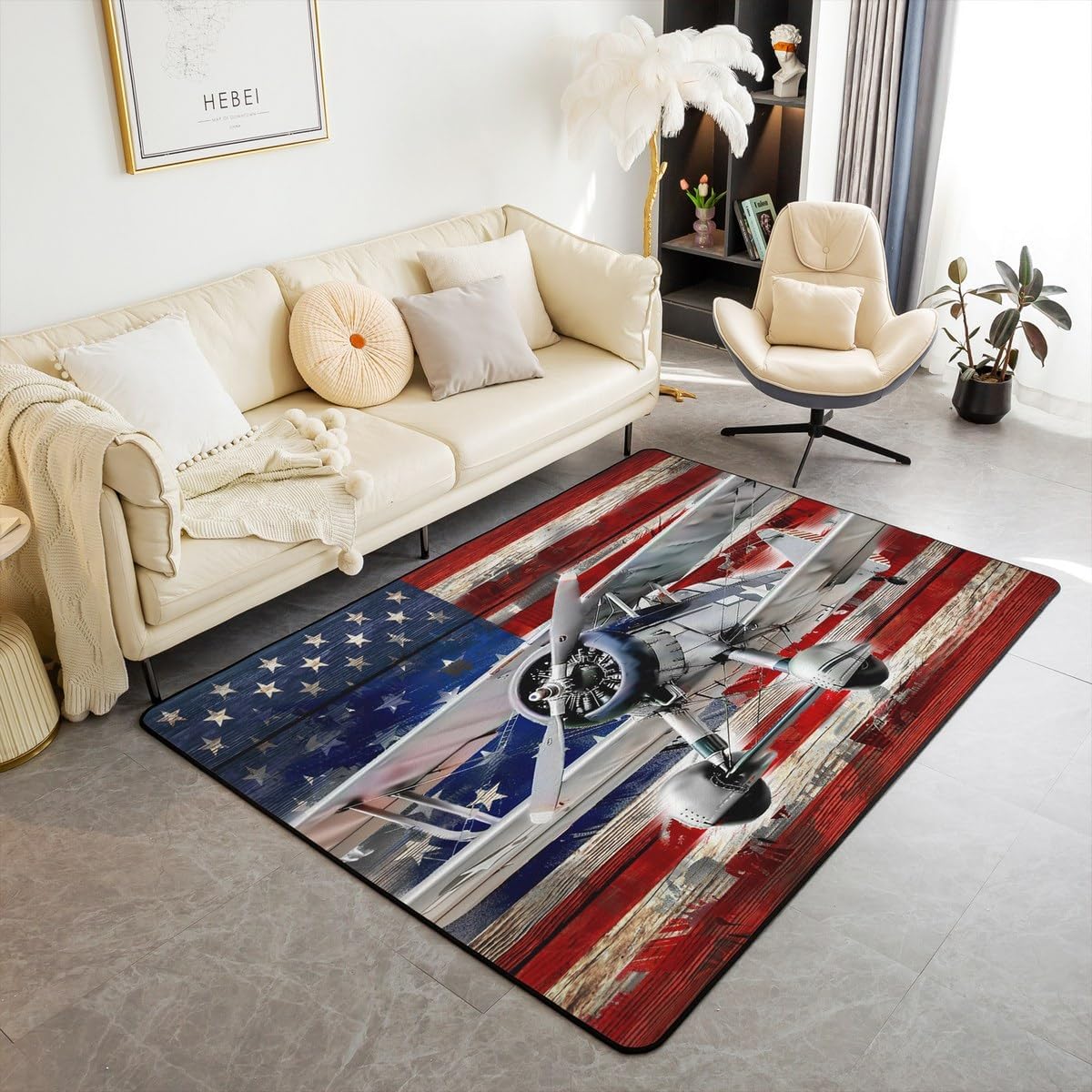 jejeloiu Aircraft Living Room Rugs Airplane Print Area Rug for Kids Boys Girls Teens American Flag Decorative Carpet Set 5x7 Flight Red Grey Indoor Floor Mat