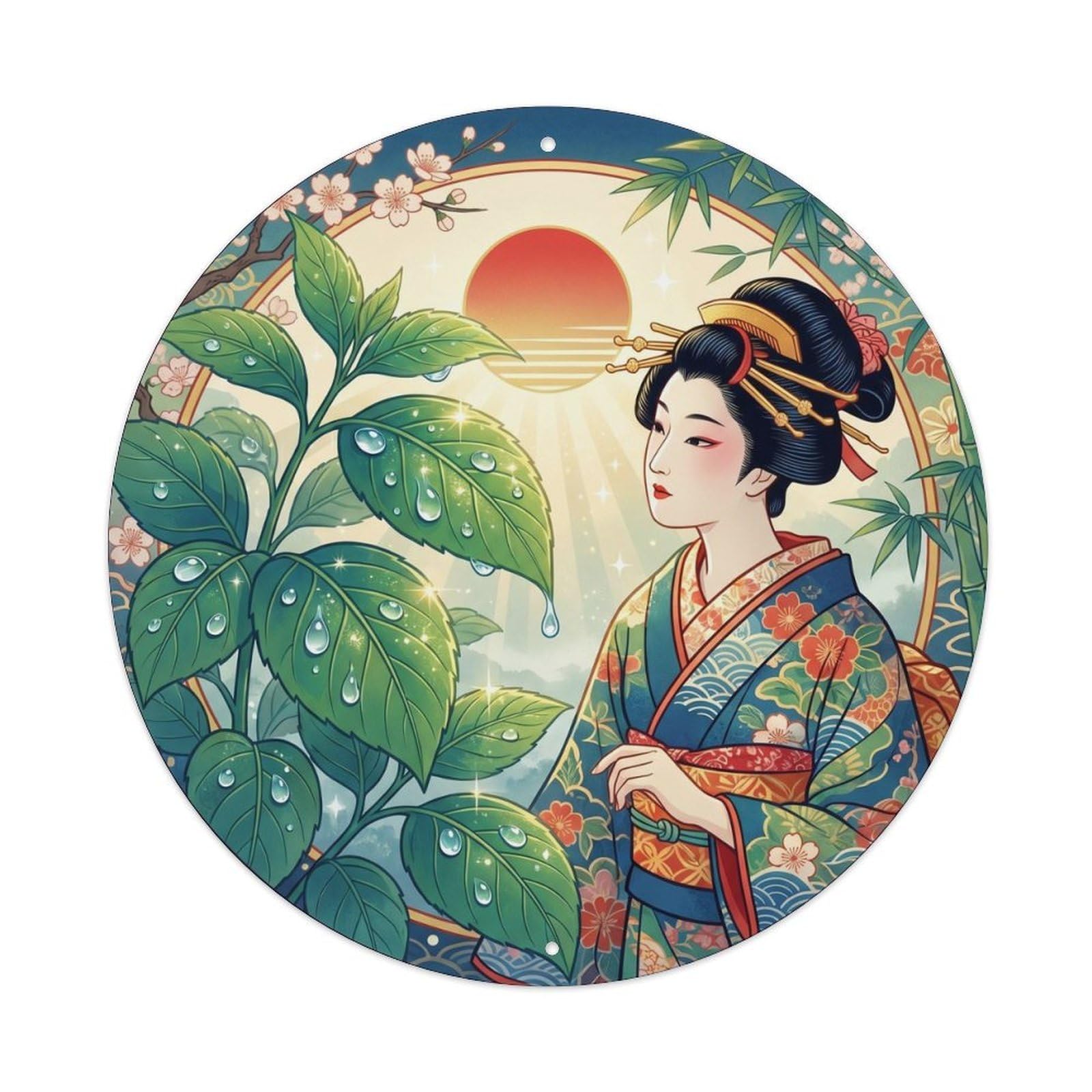 Galvaxio Style Japanese Kimono Woman Observing Dewdrops Crystal Clear Metal Tin Sign