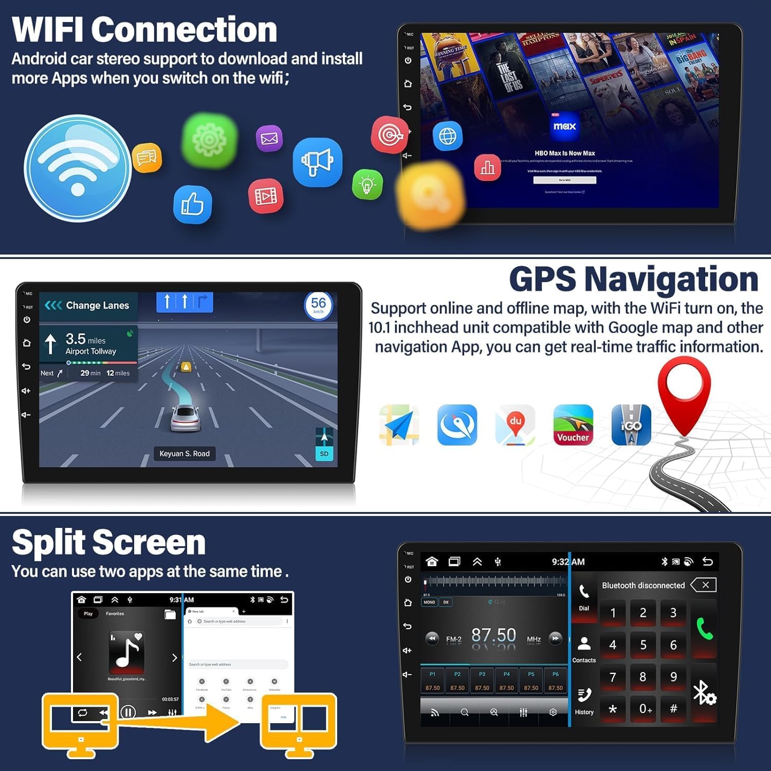 Screenshots showing Wireless Apple CarPlay and Android Auto interfaces on the car stereo.