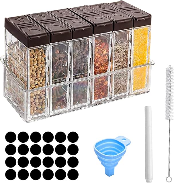 AMANMAN Spice Jars with Shaker Lids 6 PCS Plastic Spice Storage Container Square Seasoning Box Condiment Jar with Tray Label Pen Funnel Brush Spice Bottles for Spice Herb Salt Sugar Pepper Storage