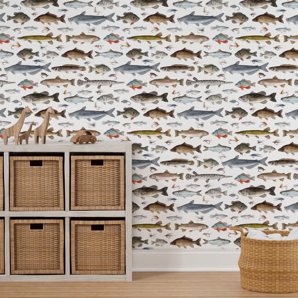 Peel & Stick Wallpaper 3ft x 2ft - Multicolor Fish Fishing Salmon Cabin Trout Fisherman Lures Sunfish Tackle Crappie Flies Fly Stream Custom Removable Wallpaper by Spoonflower