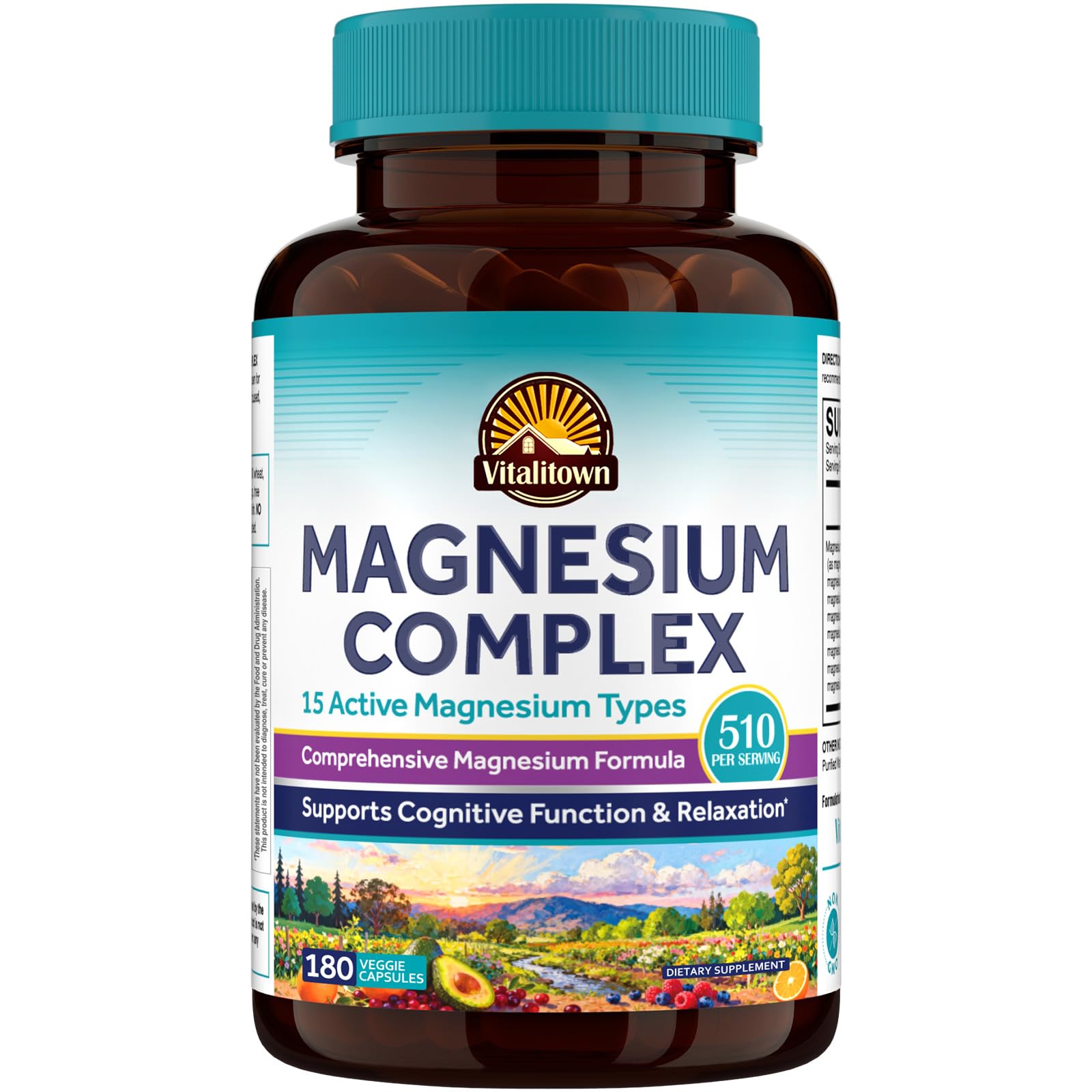 Vitalitown Magnesium Complex 510mg, 15-in-1 Glycinate, Citrate, Malate, Taurate & More, Natural Support for Energy, Heart and Cognitive Function, 180 Vegan Capsules 180 Count (Pack of 1)