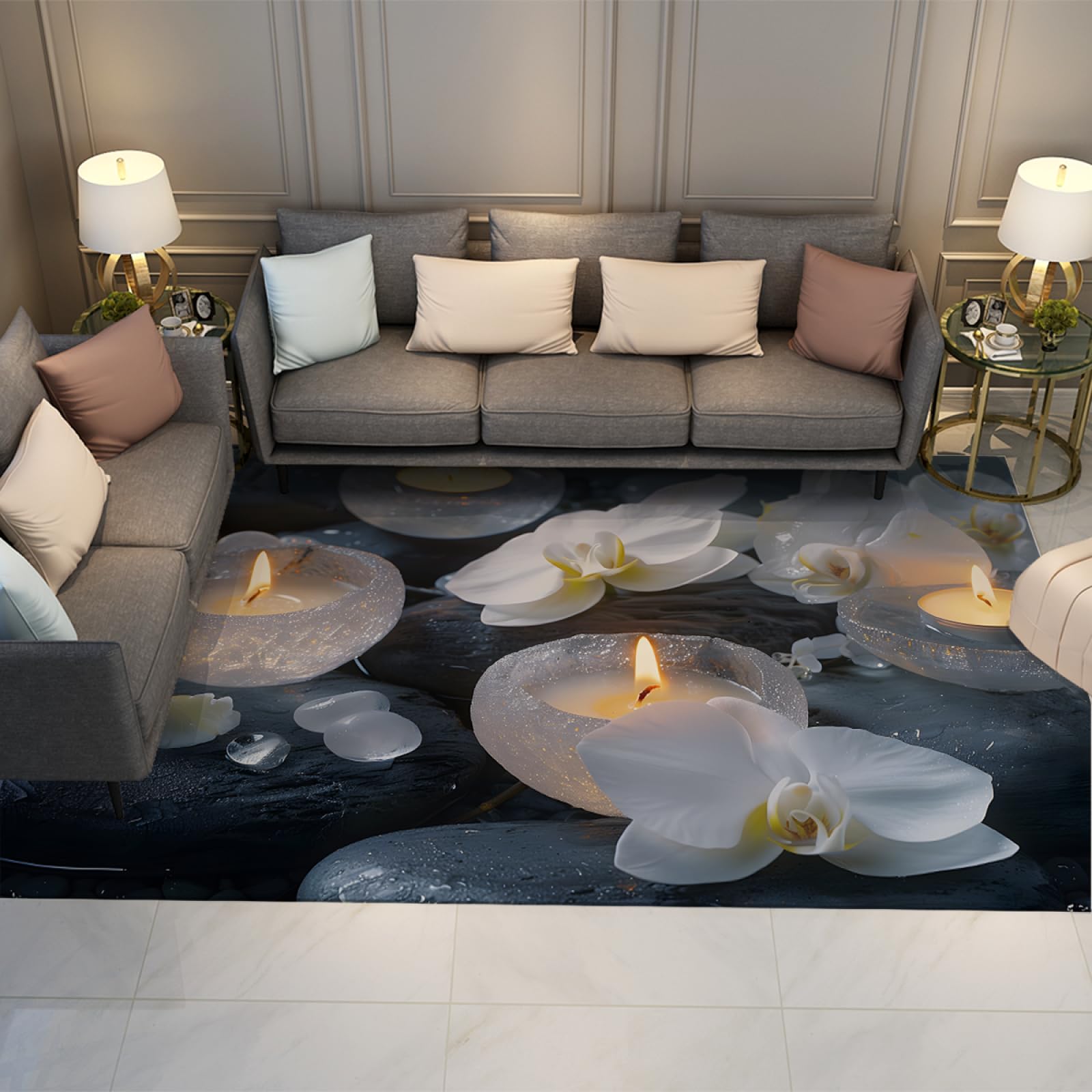 Tapis lavable pour salon blanc floral 80x150cm antidérapant et mince