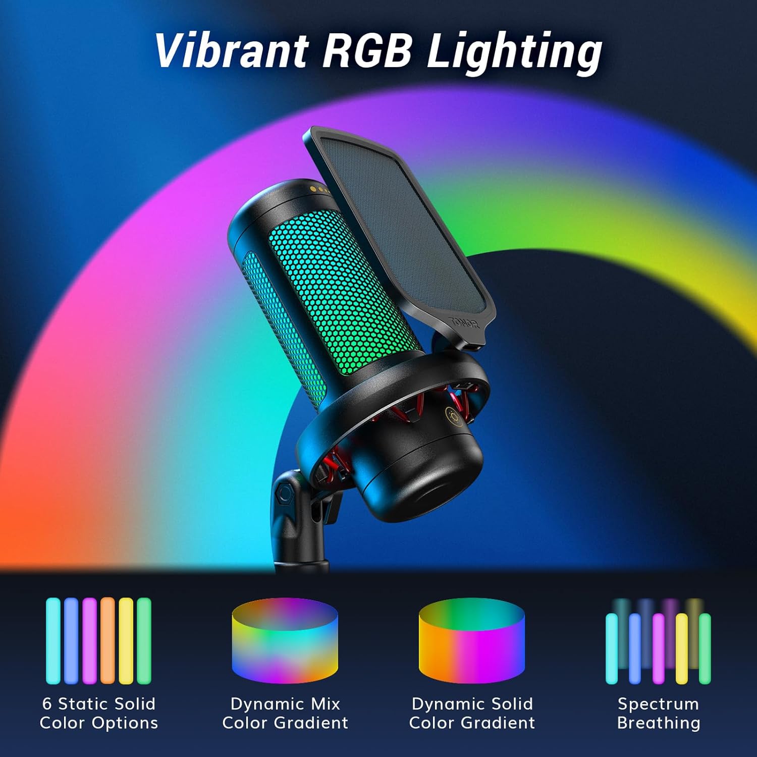 Close-up of the microphone's base showing the touch-sensitive lighting icon for easy RGB light control.