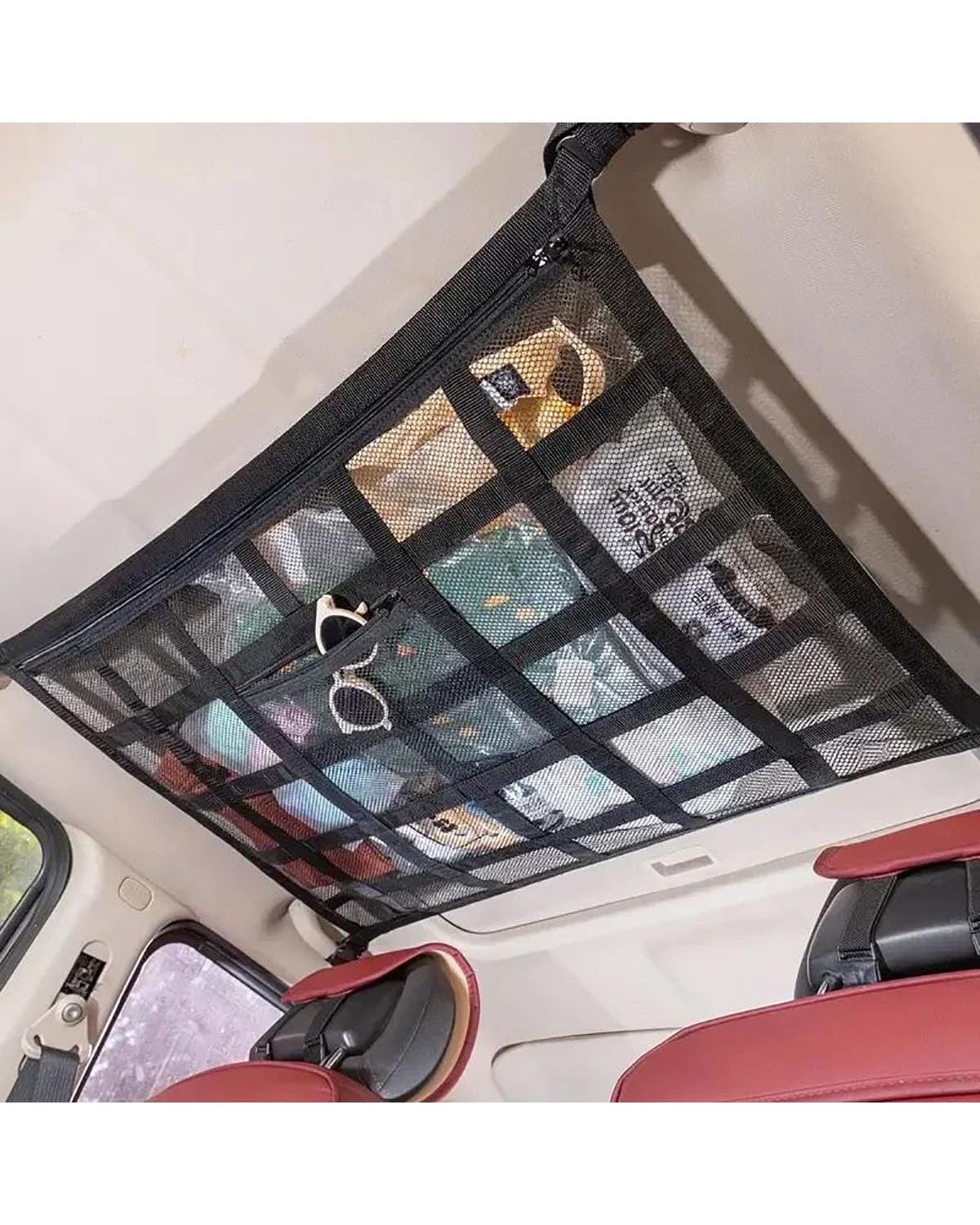 Rete portaoggetti per Auto, Rete portaoggetti per soffitto, Tasca con Cinghia Regolabile, rinforza Il carico, Rete portaoggetti per soffitto, Rete a Doppio Strato, Organizer in Rete Elastica