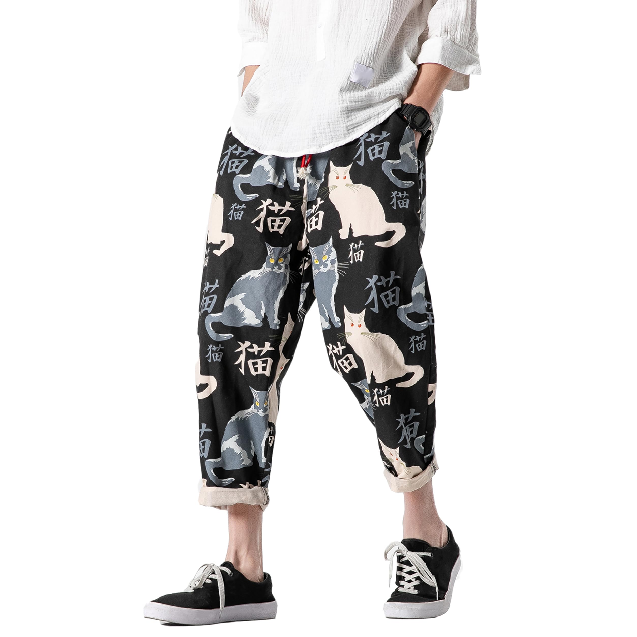 Men's Casual Capri Pants Elastic Waist Wide Leg Loose Baggy Harem Pants Breathable Summer Beach Pant