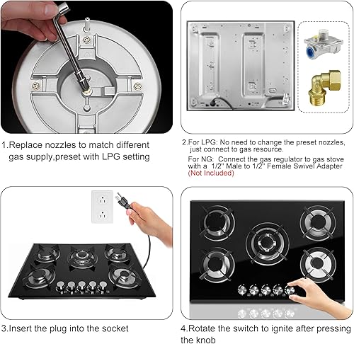 Miniatura 5 de Estufa de Gas de 5 Quemadores 76cm, Estufa de Cocina de Gas Integrada con Kit de Conversión NG/LPG, Quemador de Gas de Tapa de Vidrio (76cm x 52cm)