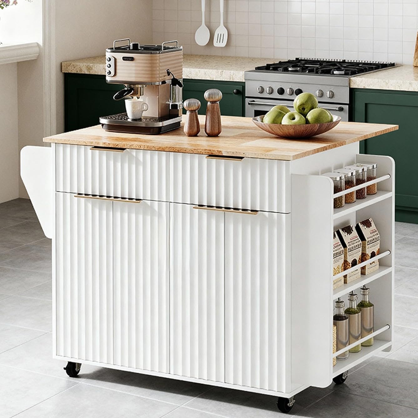 VINGLI Kitchen Island Cart, Large Rubber Wood top Mobile Cart with Storage, Adjustable Shelves, Towel Rack & Safety Bar Storage, Fluted Portable Rolling Kitchen Island with Drop Leaf, White