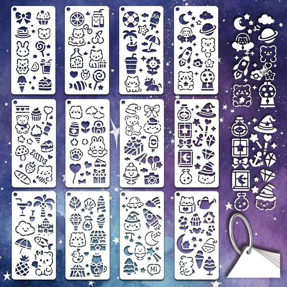 GOMAKERER 12 Sheets Fantasy Minimalist Elements Stencils for Painting, 12 Styles Cute Flower Bear Candy Heart Gigt Fish Drawing Template Reusable Art Templates for Album Journals Planner Scrapbook โ image 1