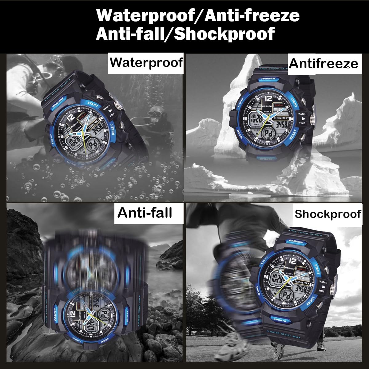 PASNEW Orologio analogico digitale per bambini, contapassi, cronometro, multifunzione, impermeabile fino a 50 m, per adolescenti, ragazzi, ragazze, blu scuro, 489Blu, moderno