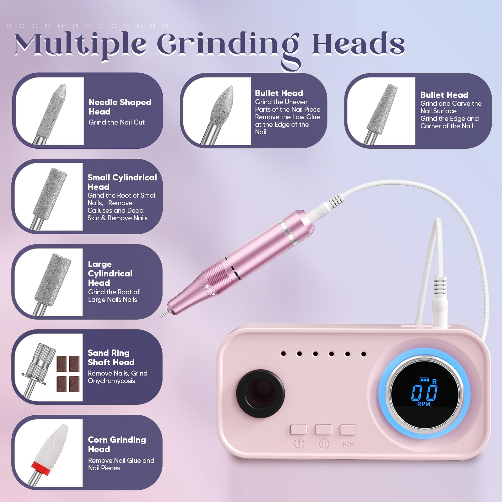 Fresa per Unghie Professionale 36000 RPM, 4000 mAh, Portatile Lima Elettrica per Unghie Con 12 Testine Di Levigatura, Display LCD Ricaricabile Batteria Design, Rotazione Bidirezionale (Rosa)