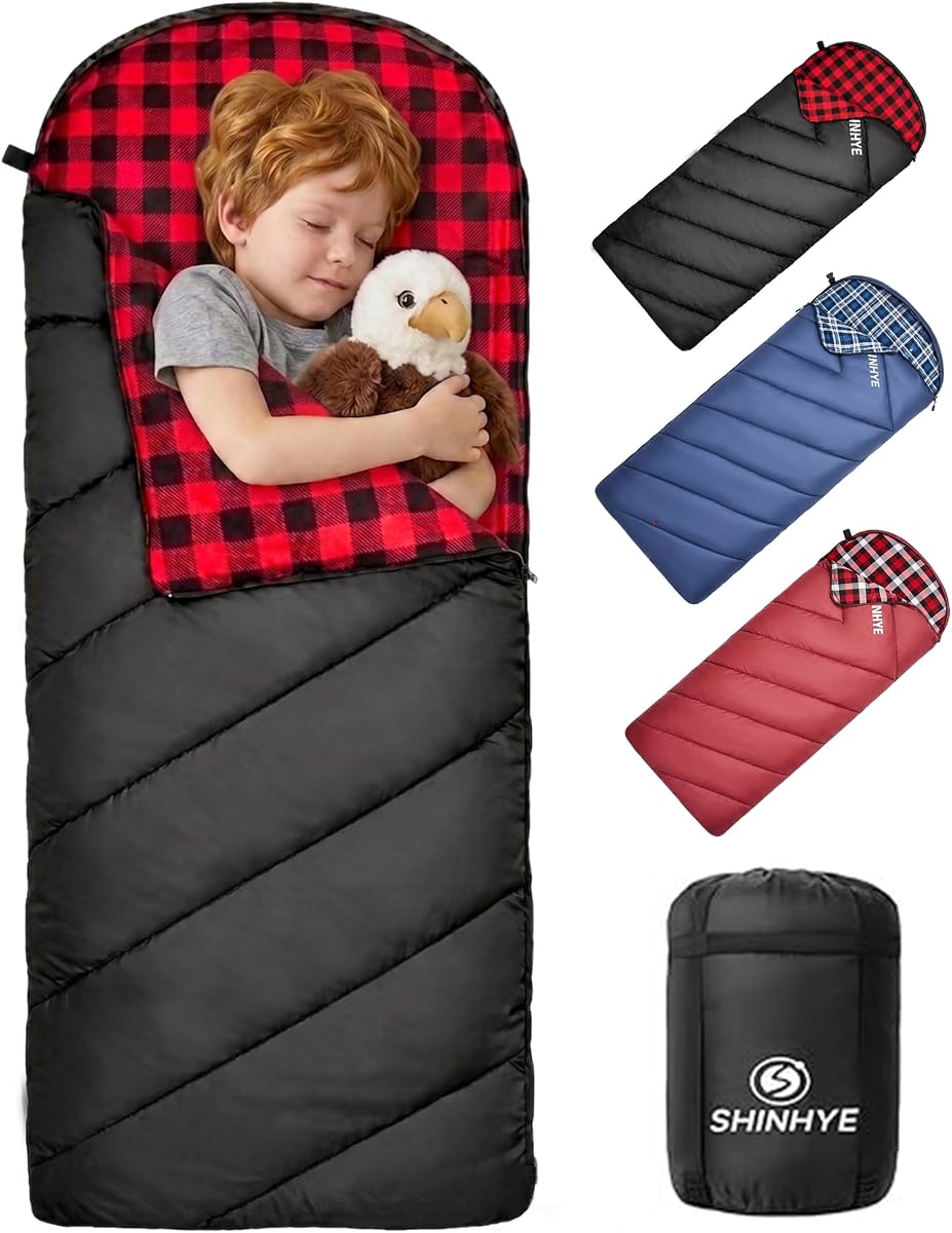 SHINHYE Kids Sleeping Bag for Cold Weather (45°F) - Lightweight, Waterproof & Compact Flannel Bag for Camping. Fits Youth 10-12 Years (4'7" to 5'5")